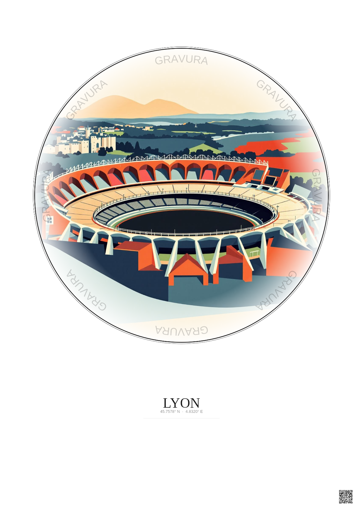 Affiche Lyon – Poster illustration vintage – Stade De Gerland | Gravura – Fond clair
