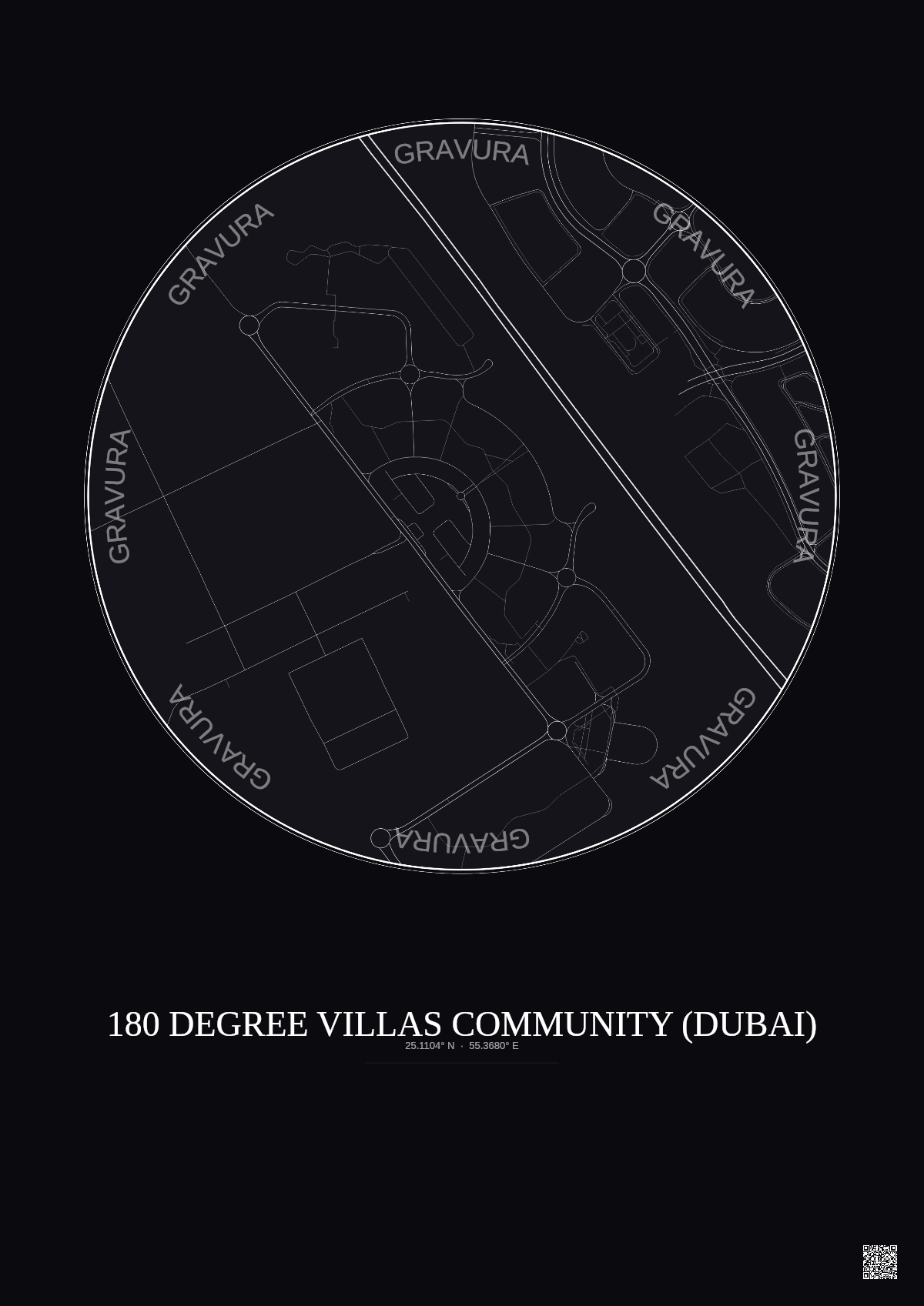 Affiche 180 Degree Villas Community – Poster carte de ville 1km | Gravura – Fond foncé