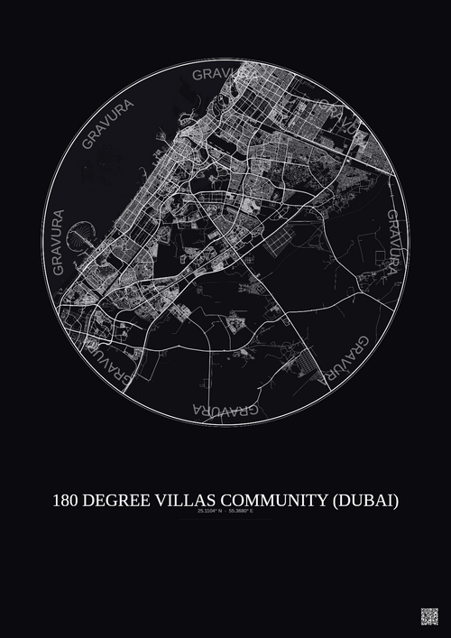 Affiche 180 Degree Villas Community – Poster carte de ville 30km | Gravura – Fond foncé
