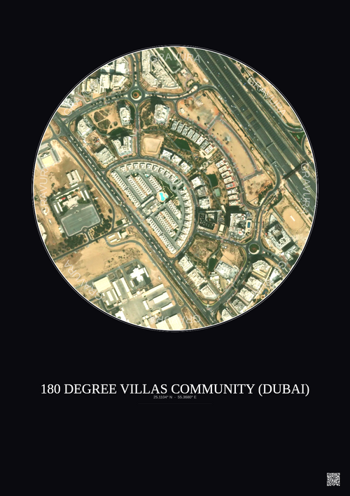 Affiche 180 Degree Villas Community – Poster vue satellite 0.5km Couleur | Gravura – Fond foncé