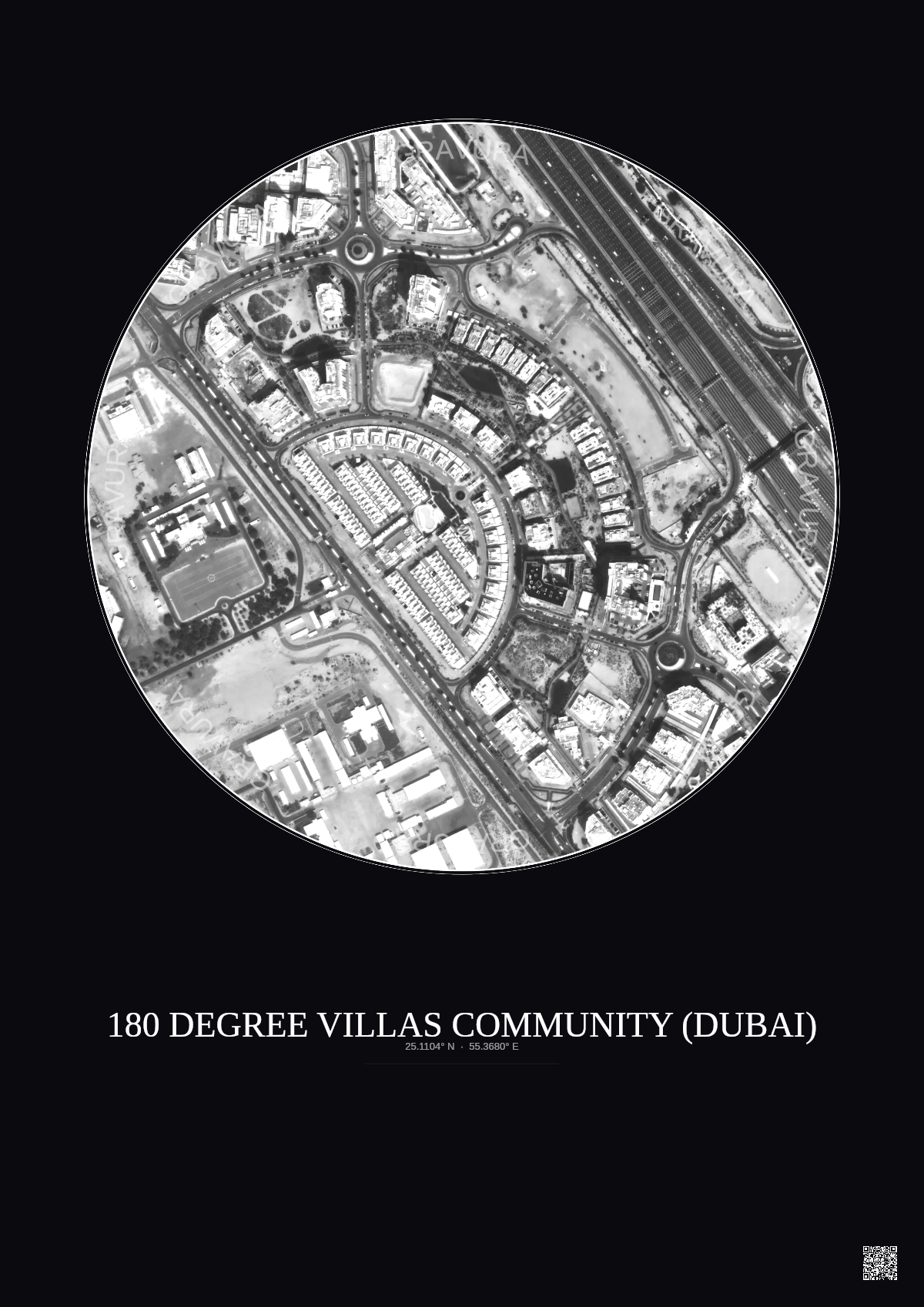 Affiche 180 Degree Villas Community – Poster vue satellite 0.5km N&B | Gravura – Fond foncé