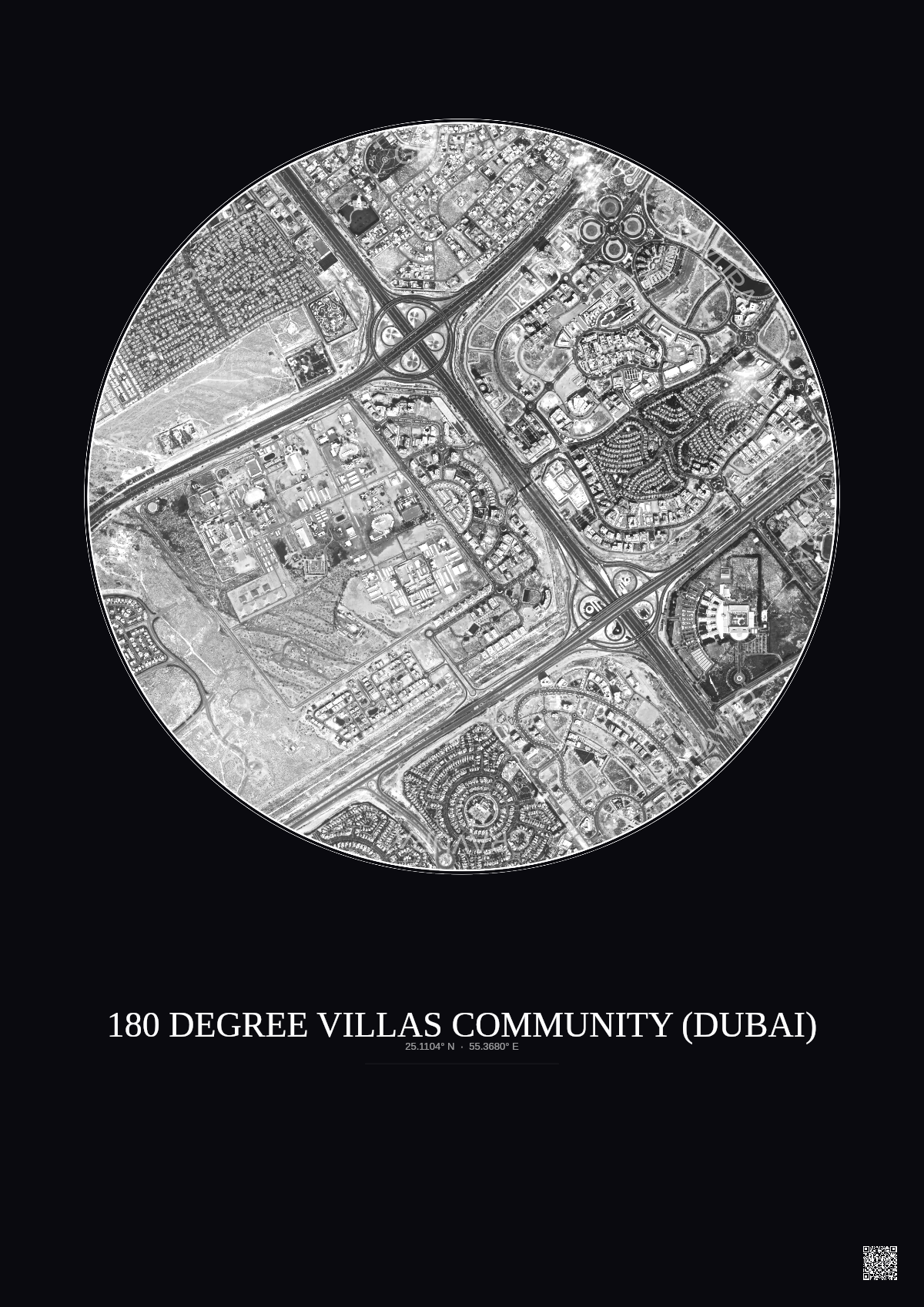 Affiche 180 Degree Villas Community – Poster vue satellite 2.5km N&B | Gravura – Fond foncé
