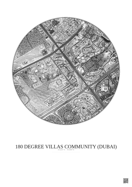 Affiche 180 Degree Villas Community – Poster vue satellite 2.5km N&B | Gravura – Fond clair