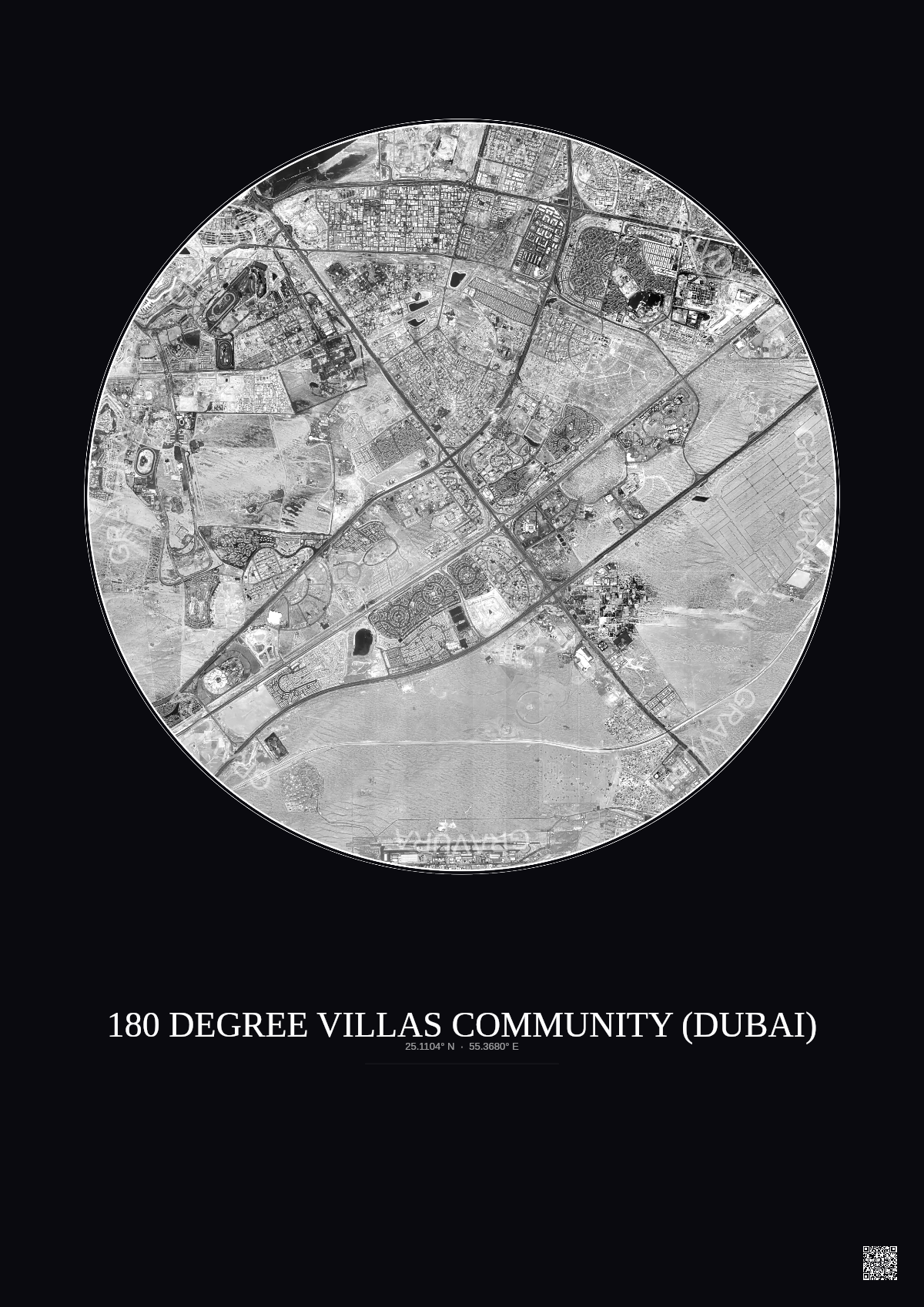 Affiche 180 Degree Villas Community – Poster vue satellite 10km N&B | Gravura – Fond foncé