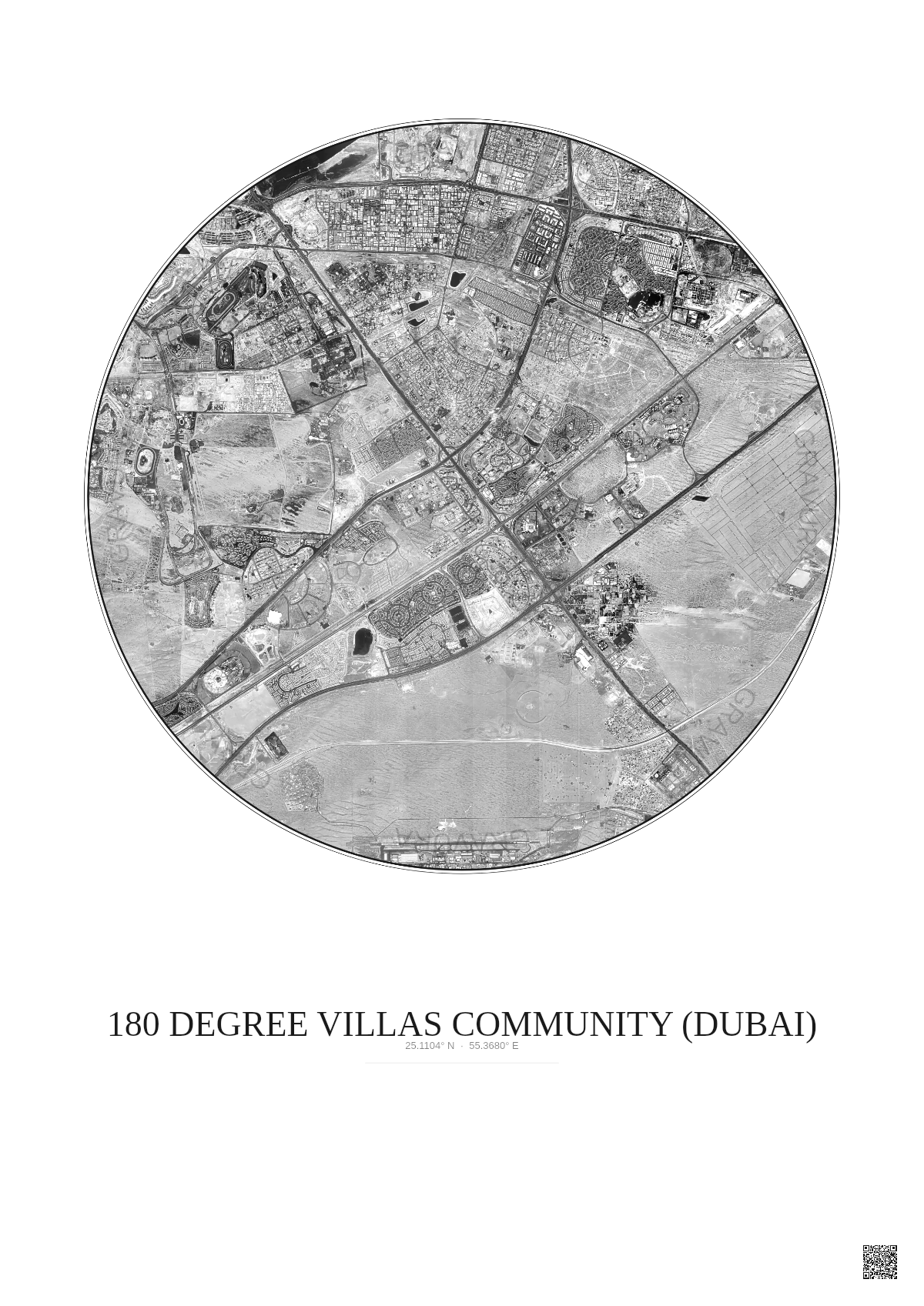 Affiche 180 Degree Villas Community – Poster vue satellite 10km N&B | Gravura – Fond clair