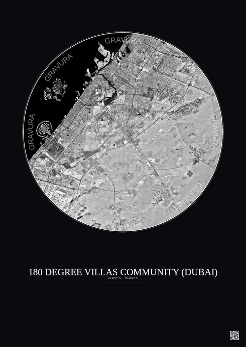 Affiche 180 Degree Villas Community – Poster vue satellite 30km N&B | Gravura – Fond foncé