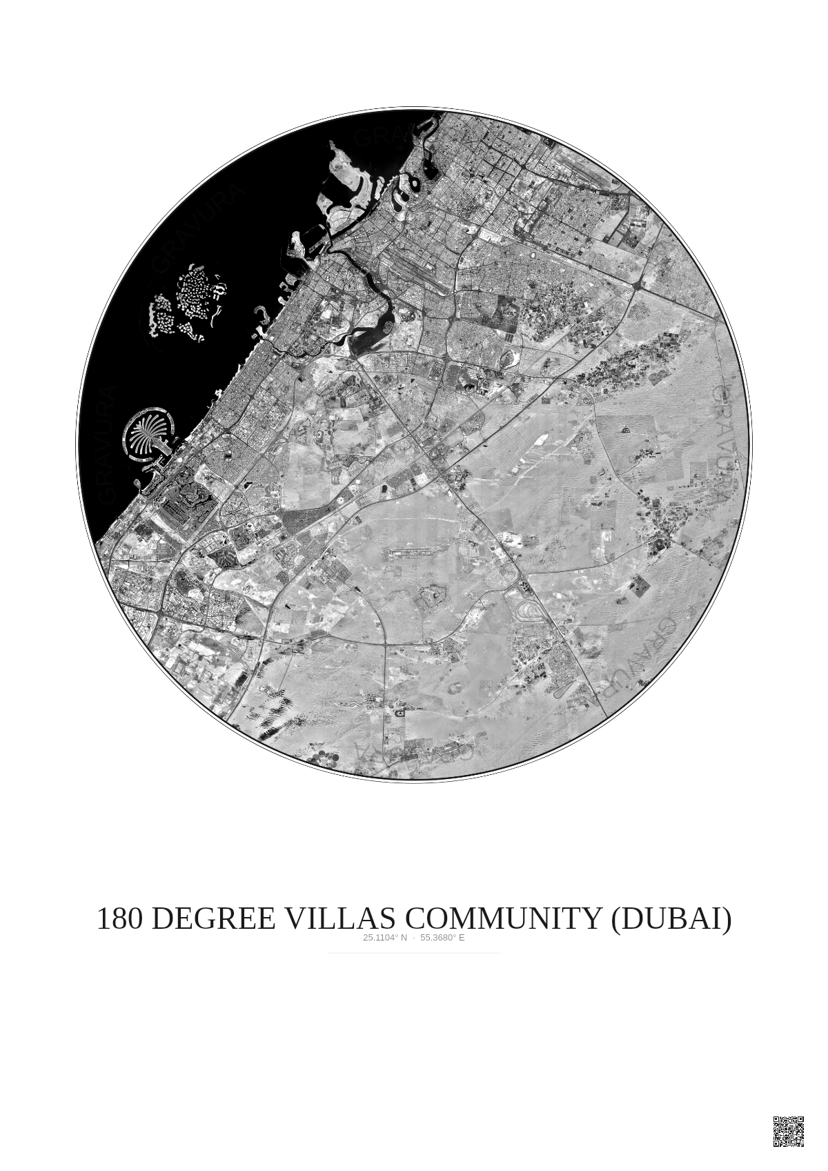 Affiche 180 Degree Villas Community – Poster vue satellite 30km N&B | Gravura – Fond clair