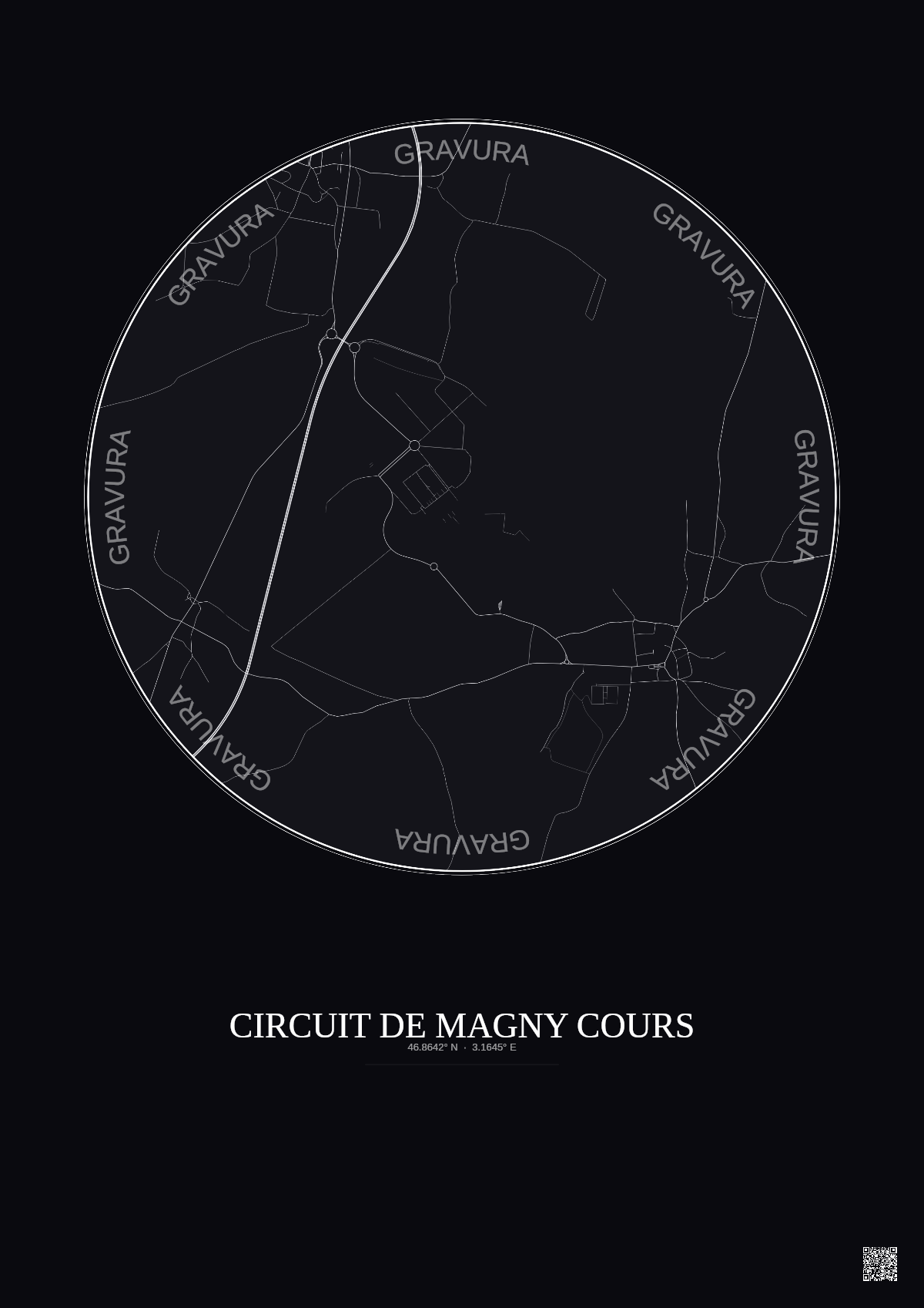 Affiche Circuit De Magny Cours – Poster carte de ville 2.5km | Gravura – Fond foncé