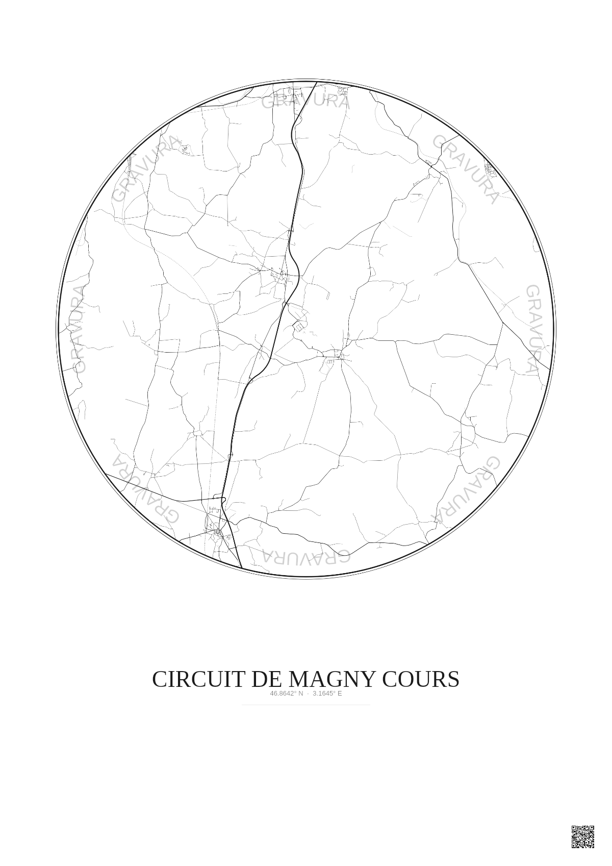 Affiche Circuit De Magny Cours – Poster carte de ville 10km | Gravura – Fond clair