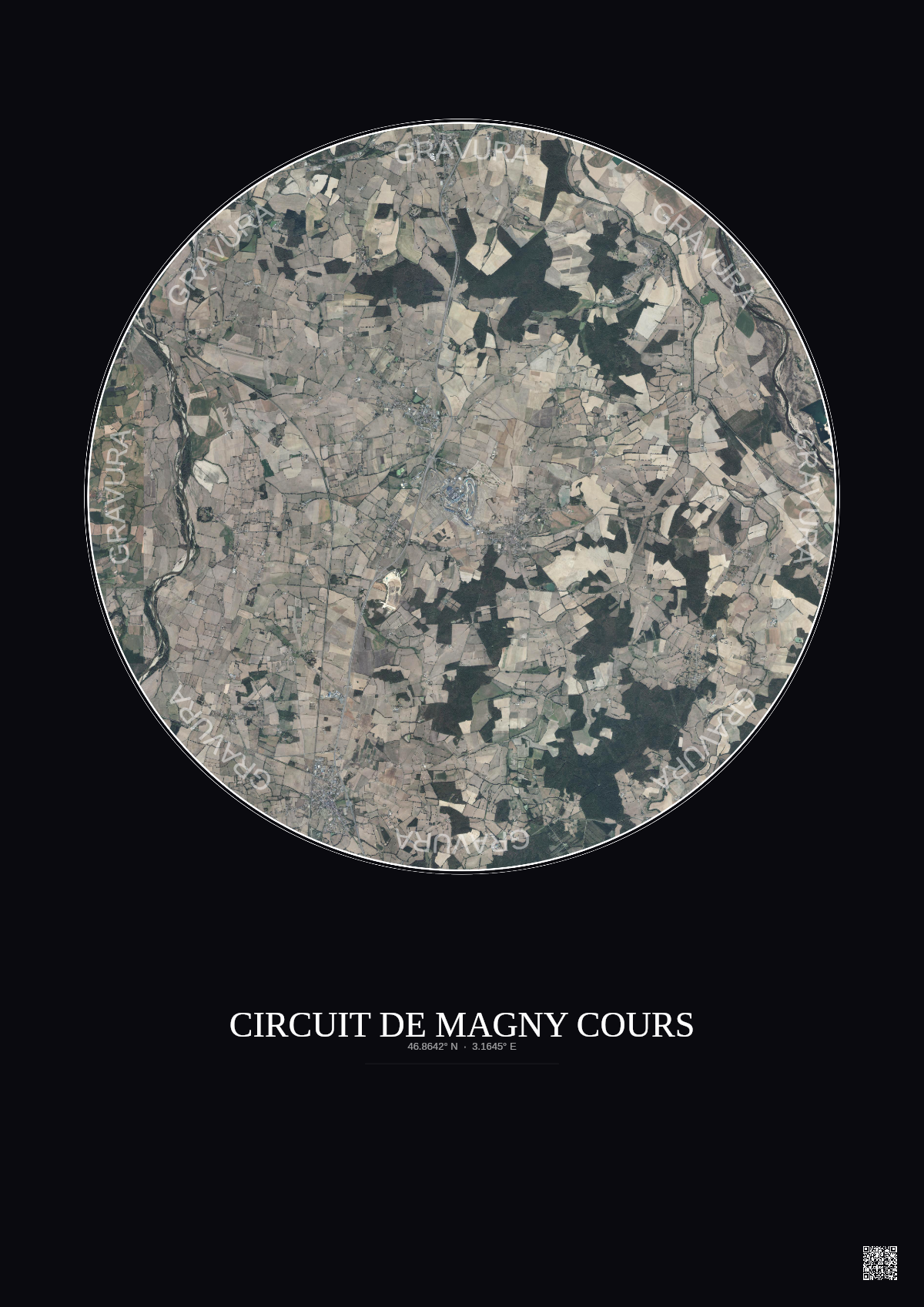 Affiche Circuit De Magny Cours – Poster vue satellite 10km Couleur | Gravura – Fond foncé