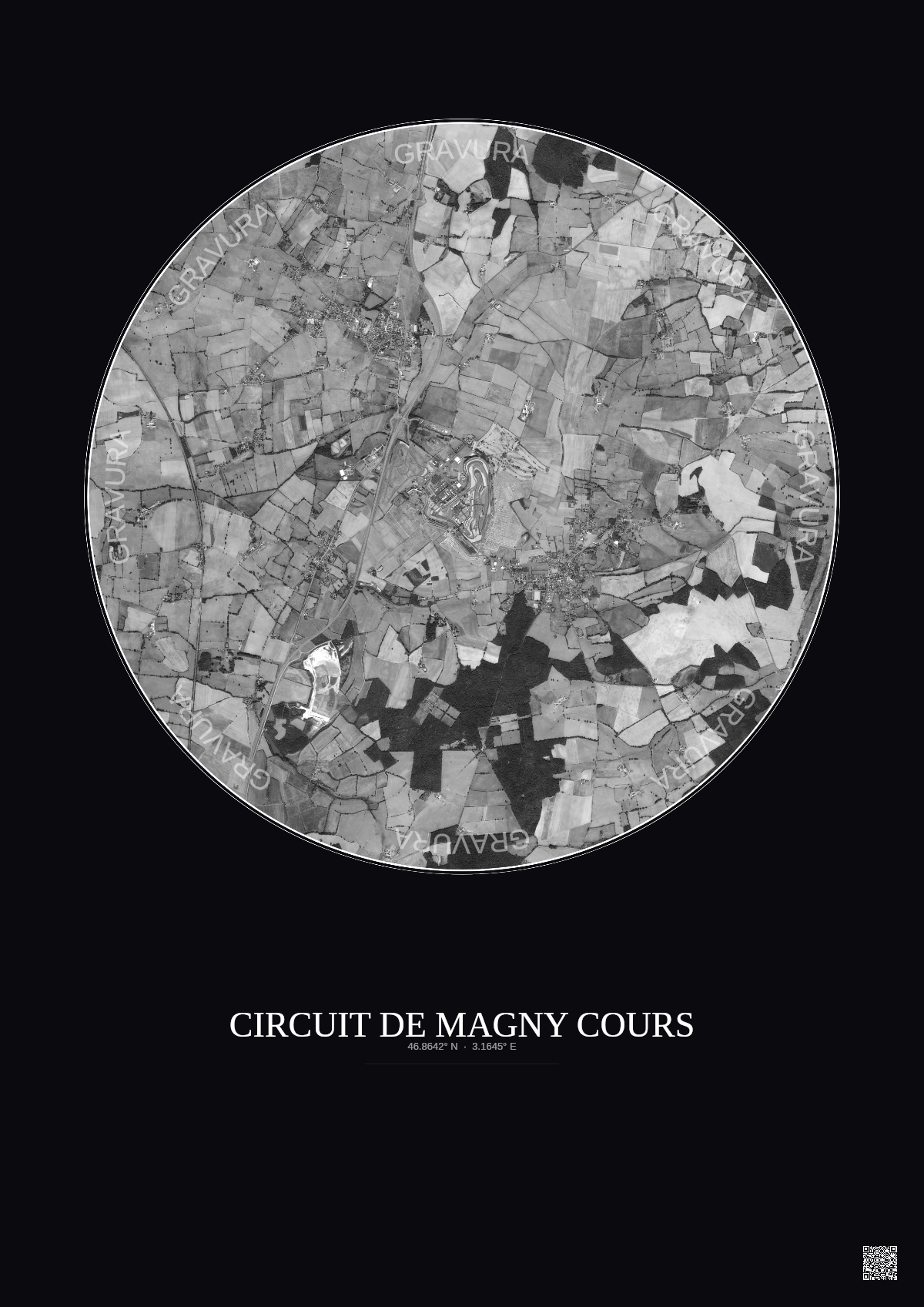 Affiche Circuit De Magny Cours – Poster vue satellite 5km N&B | Gravura – Fond foncé
