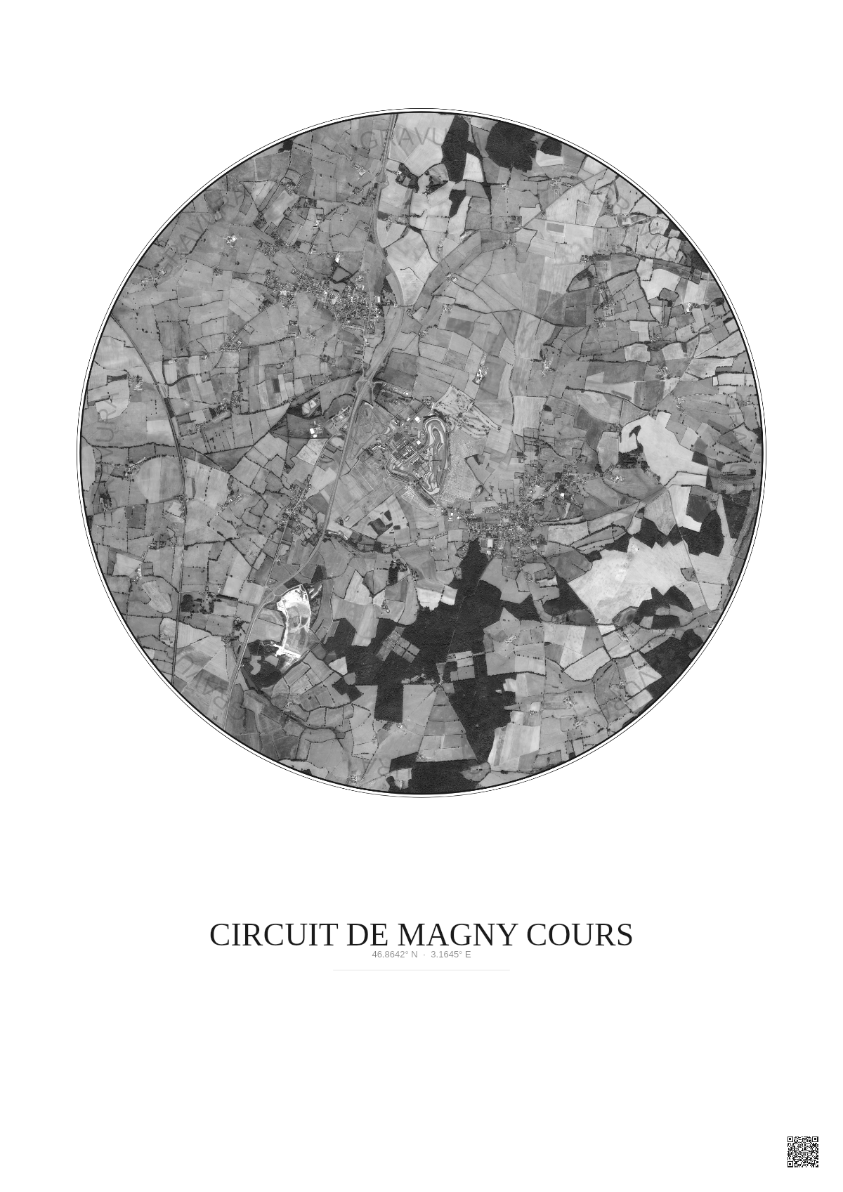 Affiche Circuit De Magny Cours – Poster vue satellite 5km N&B | Gravura – Fond clair