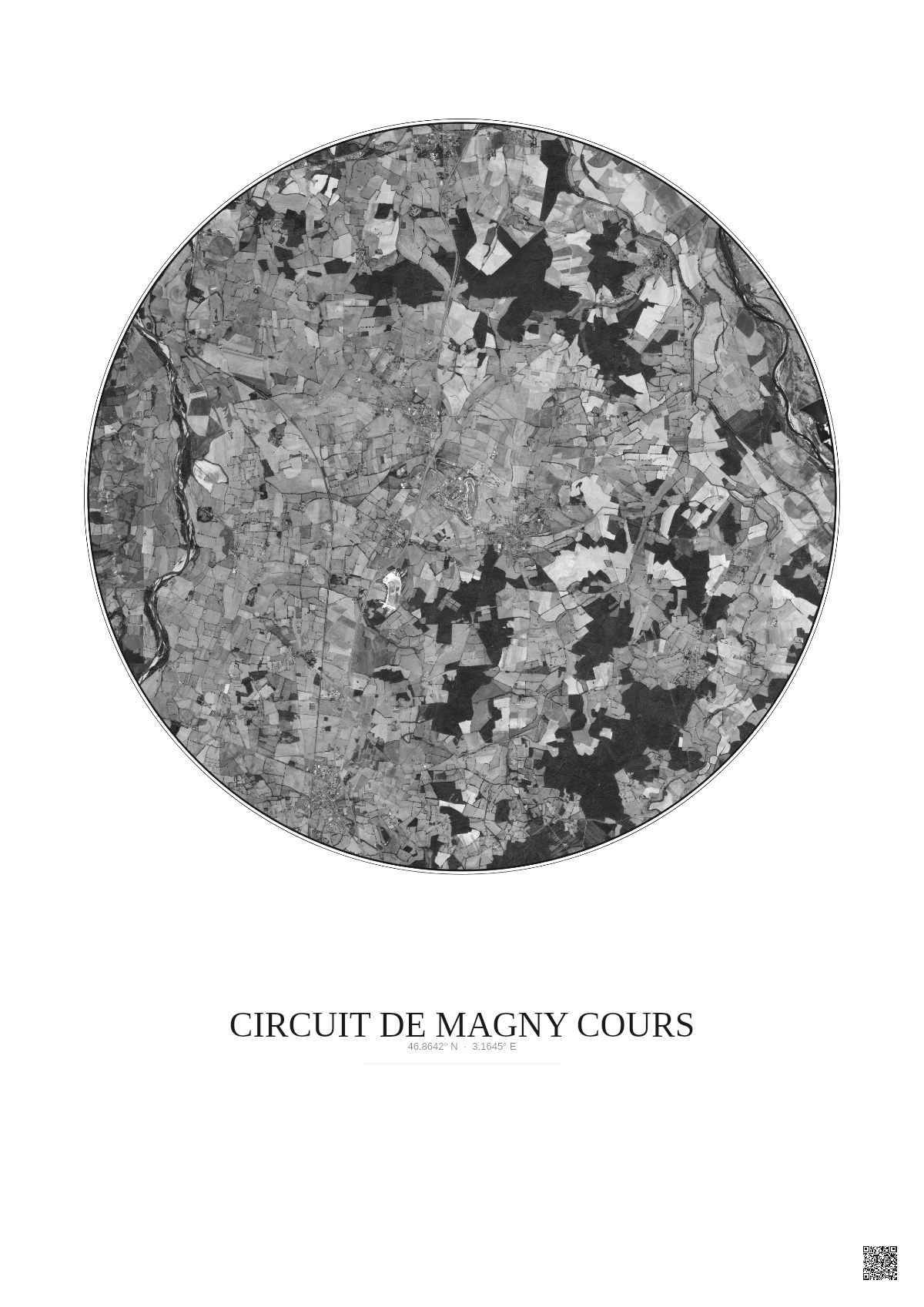 Affiche Circuit De Magny Cours – Poster vue satellite 10km N&B | Gravura – Fond clair