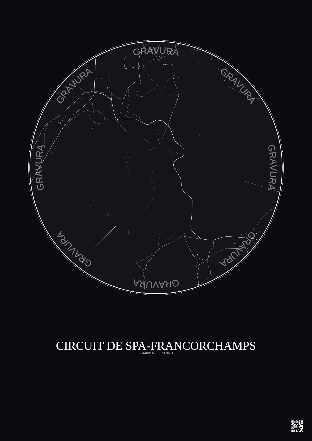 Affiche Circuit De Spa Francorchamps – Poster carte de ville 2.5km | Gravura – Fond foncé