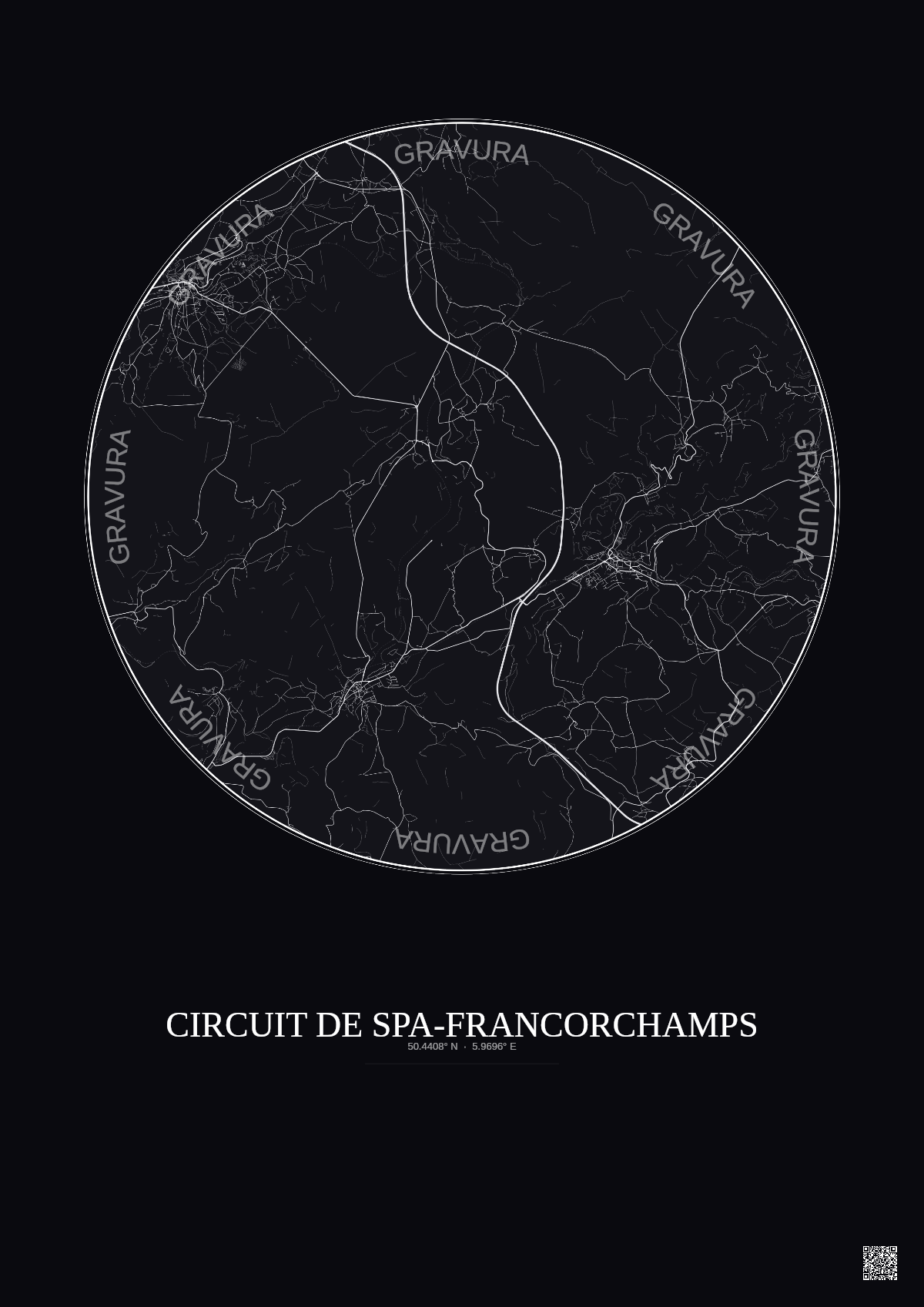 Affiche Circuit De Spa Francorchamps – Poster carte de ville 10km | Gravura – Fond foncé