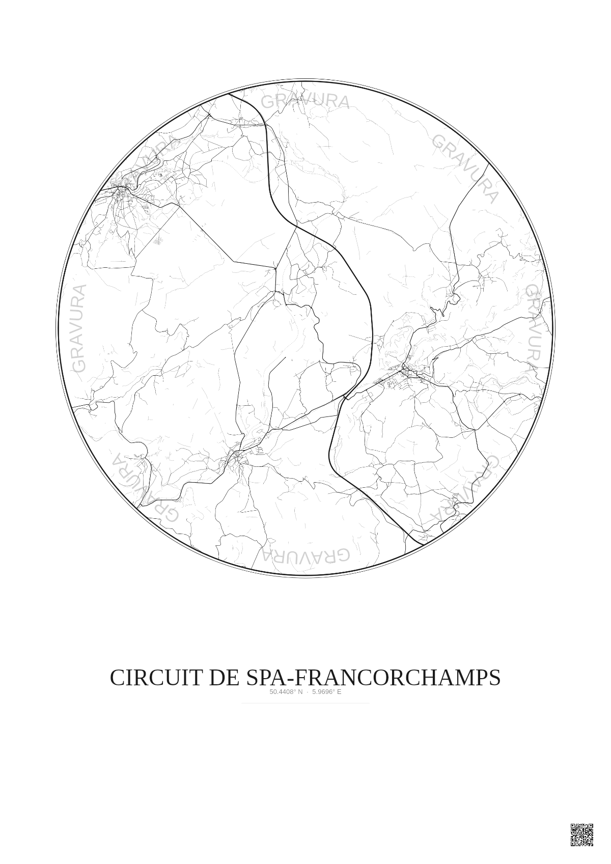 Affiche Circuit De Spa Francorchamps – Poster carte de ville 10km | Gravura – Fond clair