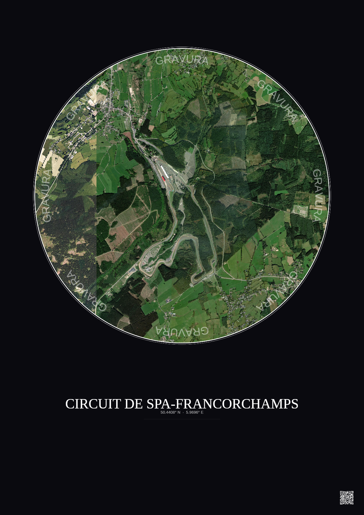 Affiche Circuit De Spa Francorchamps – Poster vue satellite 2.5km Couleur | Gravura – Fond foncé