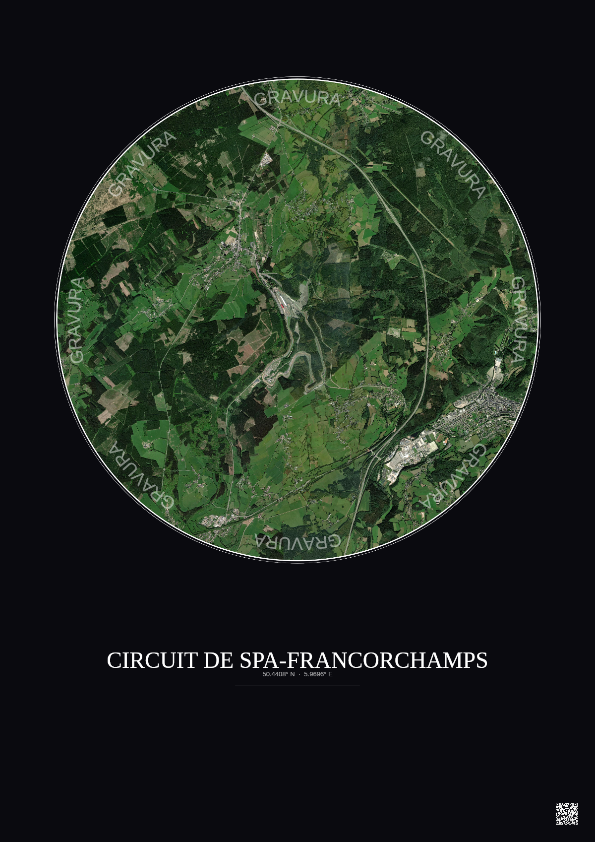 Affiche Circuit De Spa Francorchamps – Poster vue satellite 5km Couleur | Gravura – Fond foncé