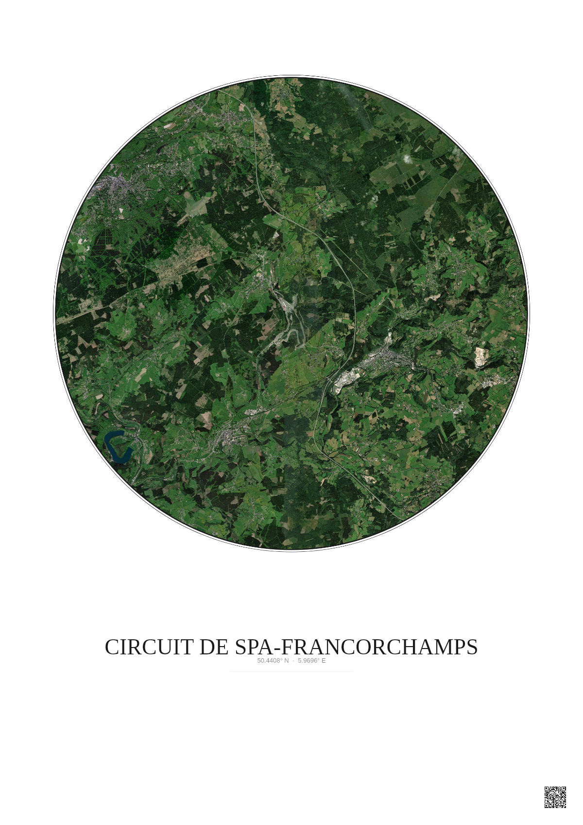 Affiche Circuit De Spa Francorchamps – Poster vue satellite 10km Couleur | Gravura – Fond clair