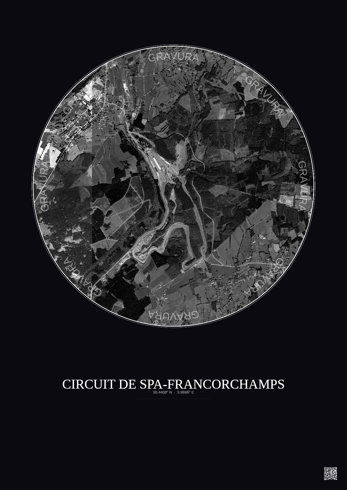 Affiche Circuit De Spa Francorchamps – Poster vue satellite 2.5km N&B | Gravura – Fond foncé