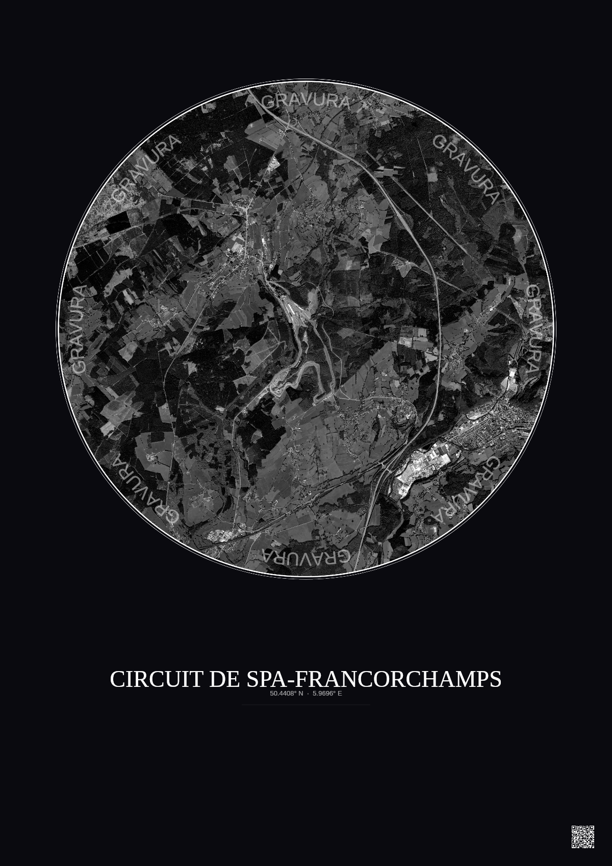 Affiche Circuit De Spa Francorchamps – Poster vue satellite 5km N&B | Gravura – Fond foncé