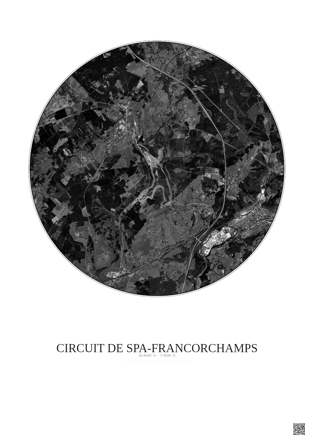 Affiche Circuit De Spa Francorchamps – Poster vue satellite 5km N&B | Gravura – Fond clair