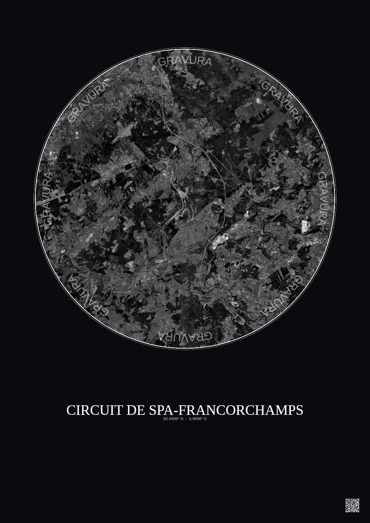 Affiche Circuit De Spa Francorchamps – Poster vue satellite 10km N&B | Gravura – Fond foncé
