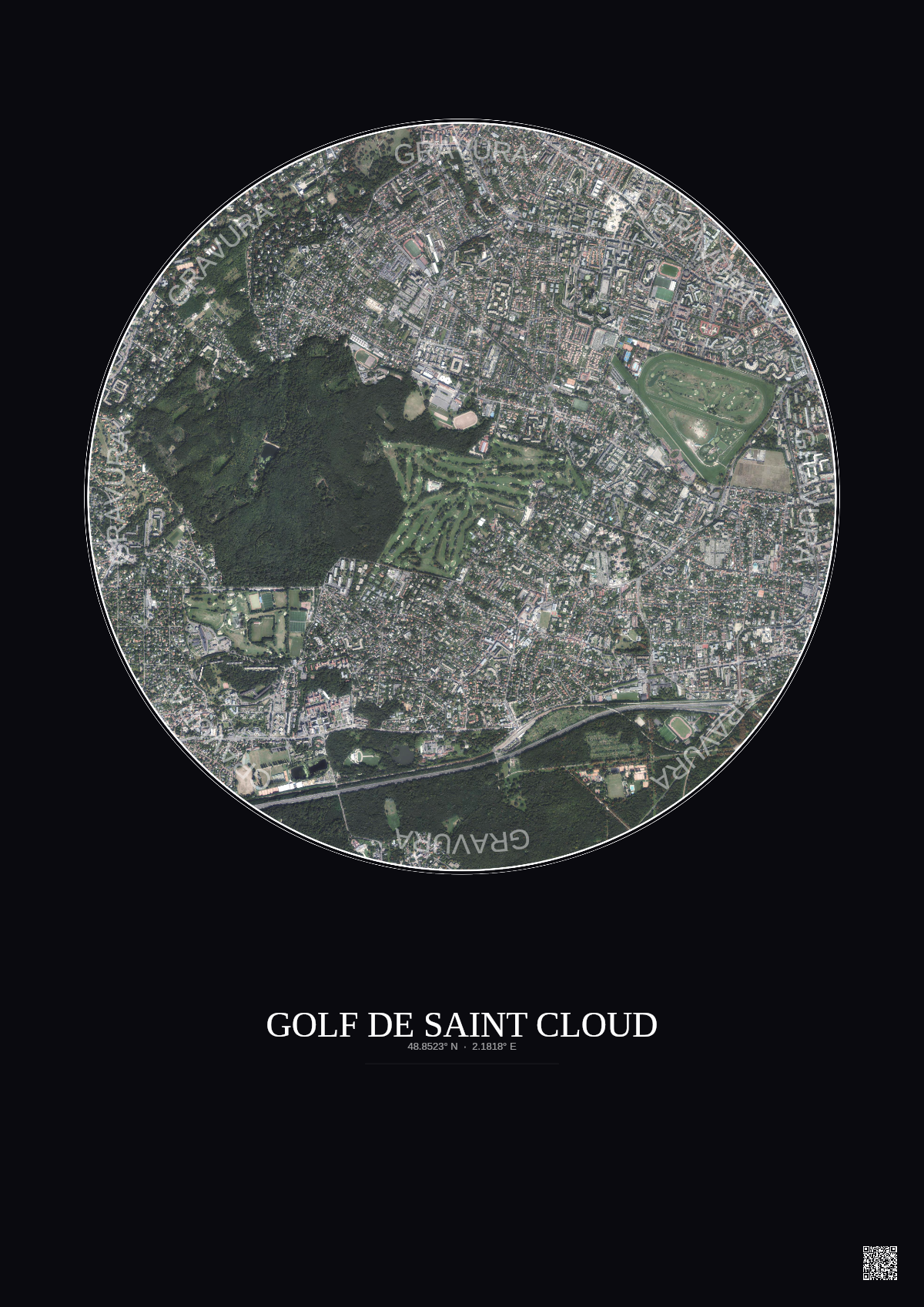 Affiche Golf De Saint Cloud – Poster vue satellite 2.5km Couleur | Gravura – Fond foncé