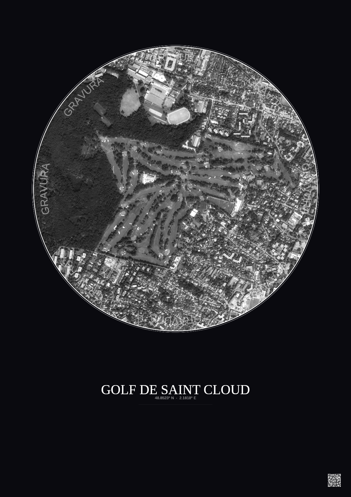 Affiche Golf De Saint Cloud – Poster vue satellite 1km N&B | Gravura – Fond foncé