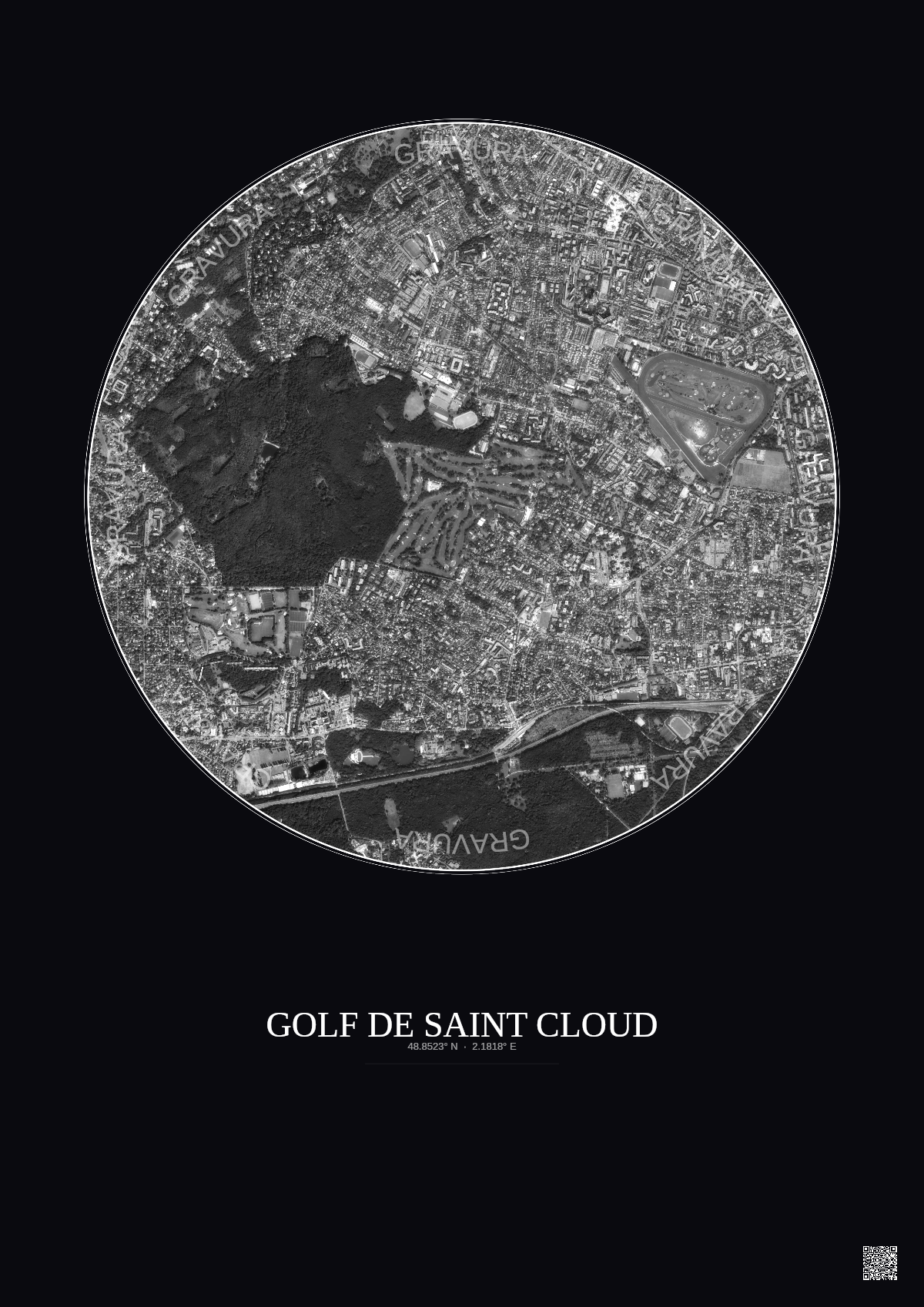 Affiche Golf De Saint Cloud – Poster vue satellite 2.5km N&B | Gravura – Fond foncé