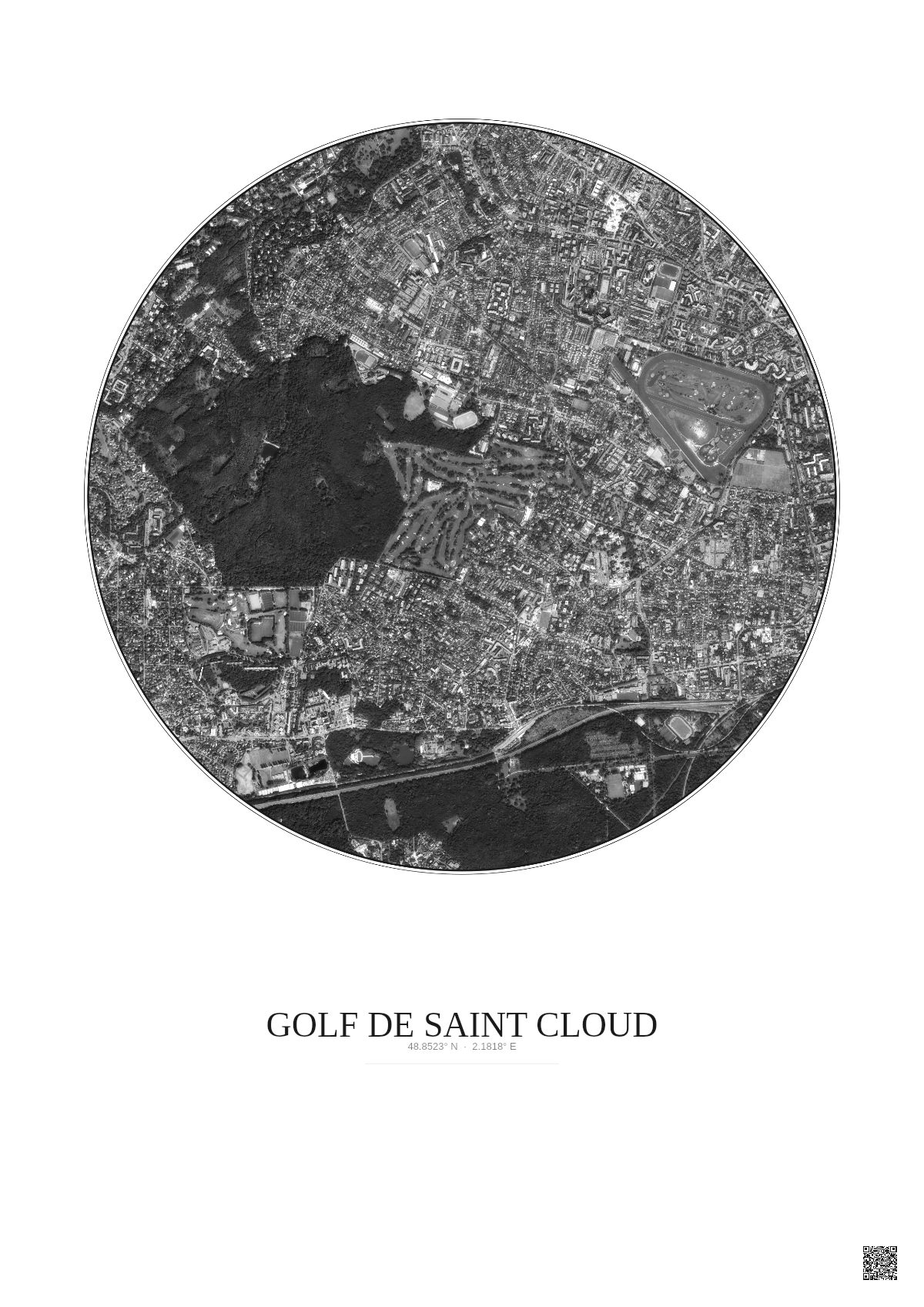 Affiche Golf De Saint Cloud – Poster vue satellite 2.5km N&B | Gravura – Fond clair