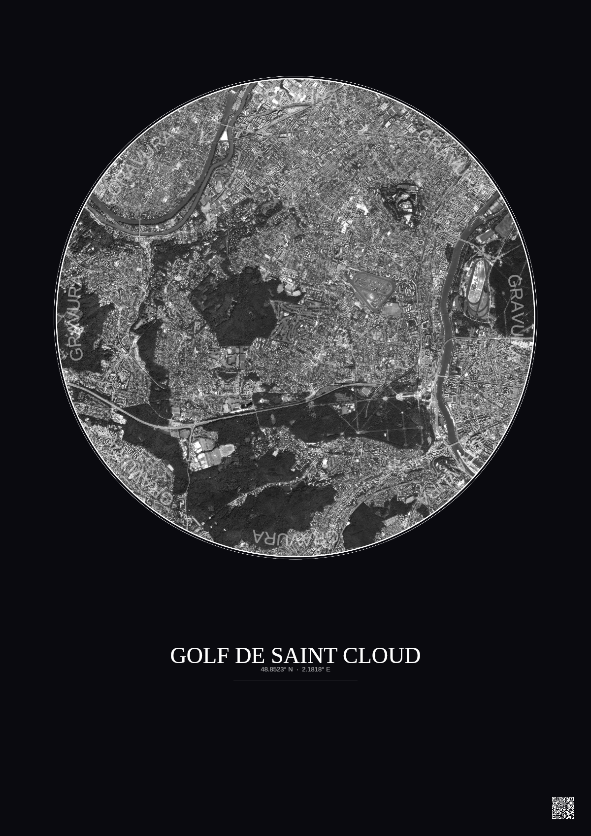 Affiche Golf De Saint Cloud – Poster vue satellite 5km N&B | Gravura – Fond foncé