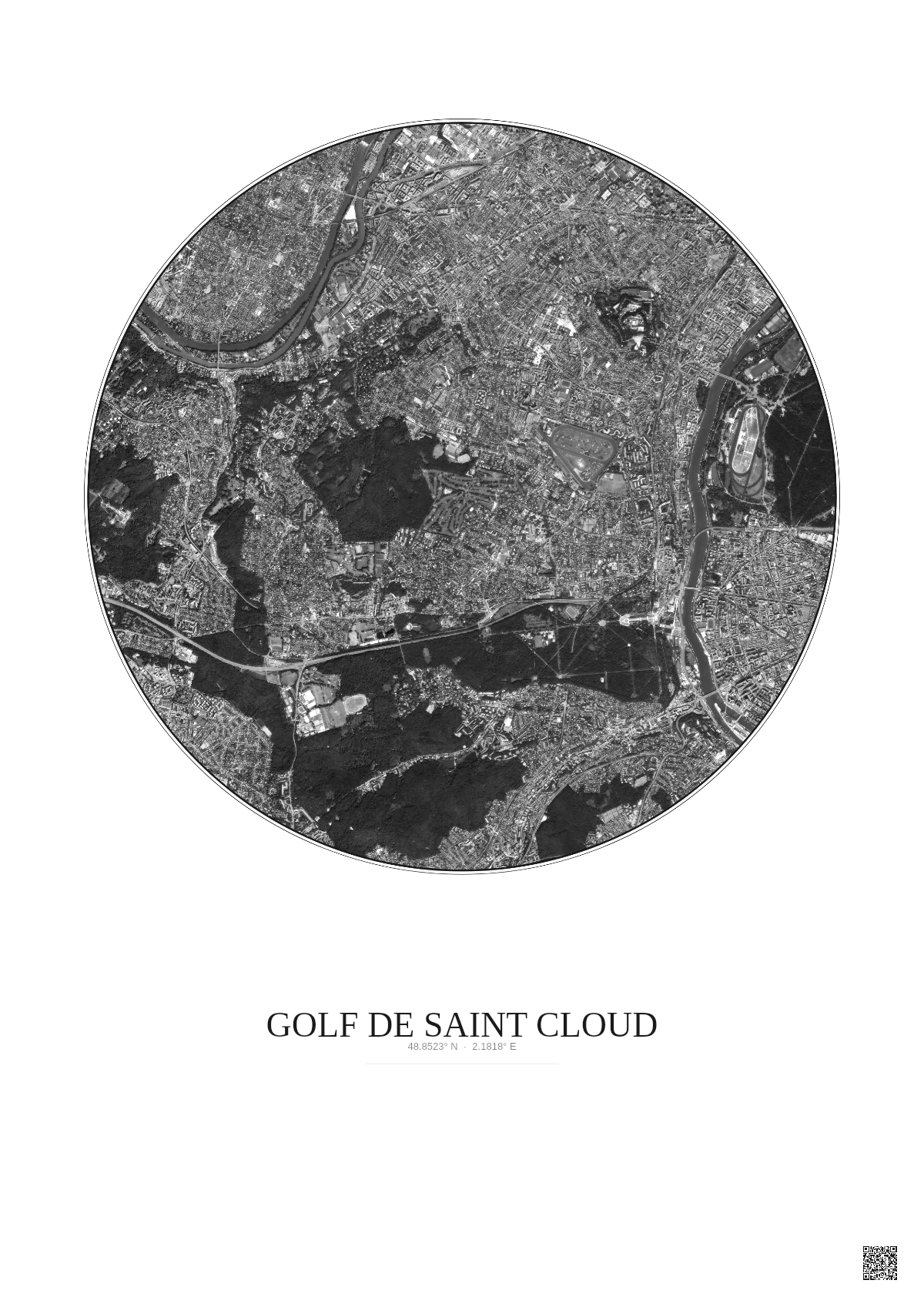 Affiche Golf De Saint Cloud – Poster vue satellite 5km N&B | Gravura – Fond clair