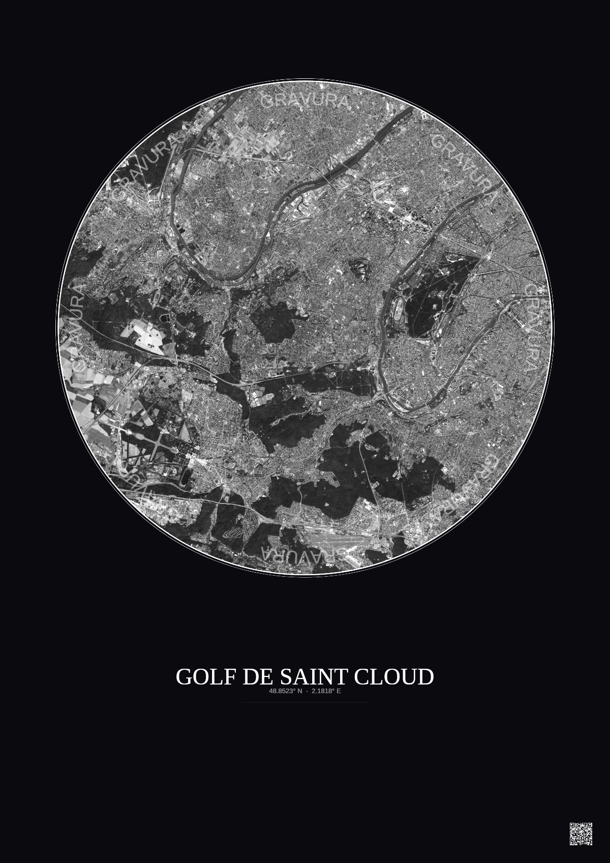 Affiche Golf De Saint Cloud – Poster vue satellite 10km N&B | Gravura – Fond foncé