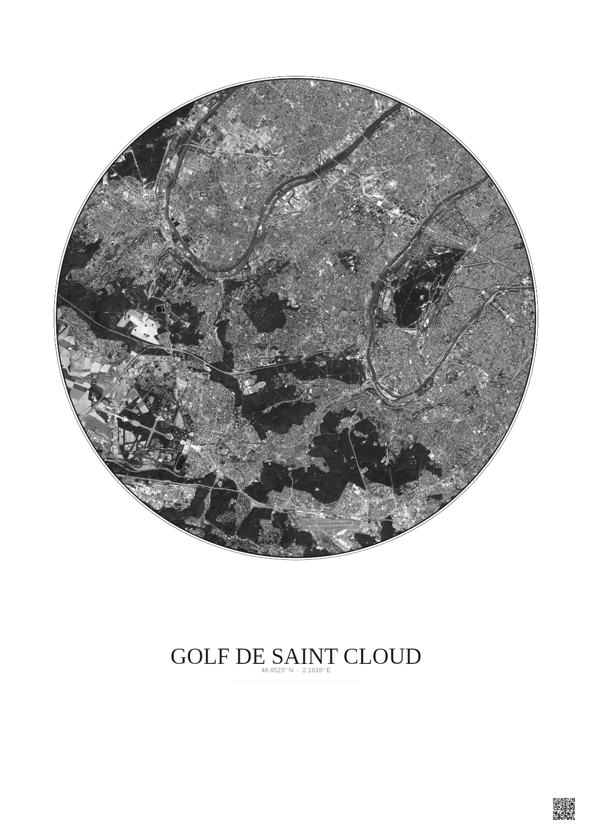 Affiche Golf De Saint Cloud – Poster vue satellite 10km N&B | Gravura – Fond clair