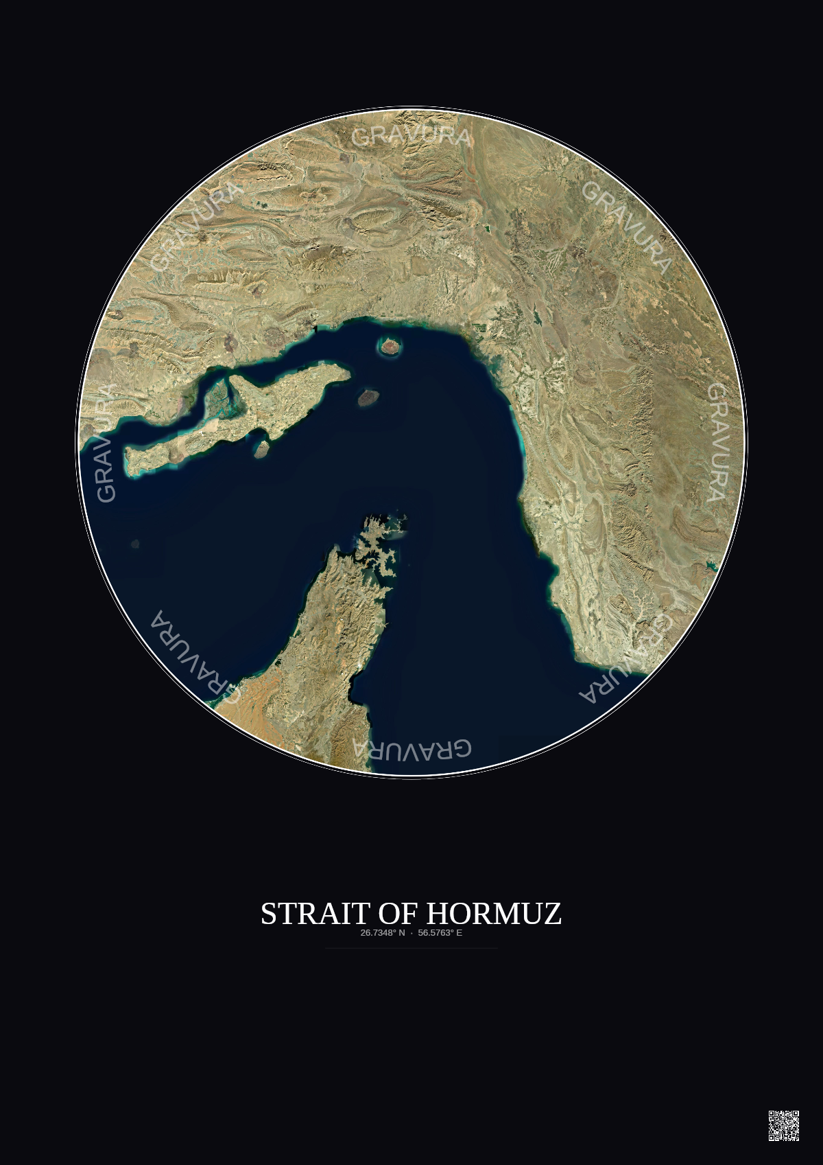 Affiche Strait Of Hormuz – Poster vue satellite 150km Couleur | Gravura – Fond foncé