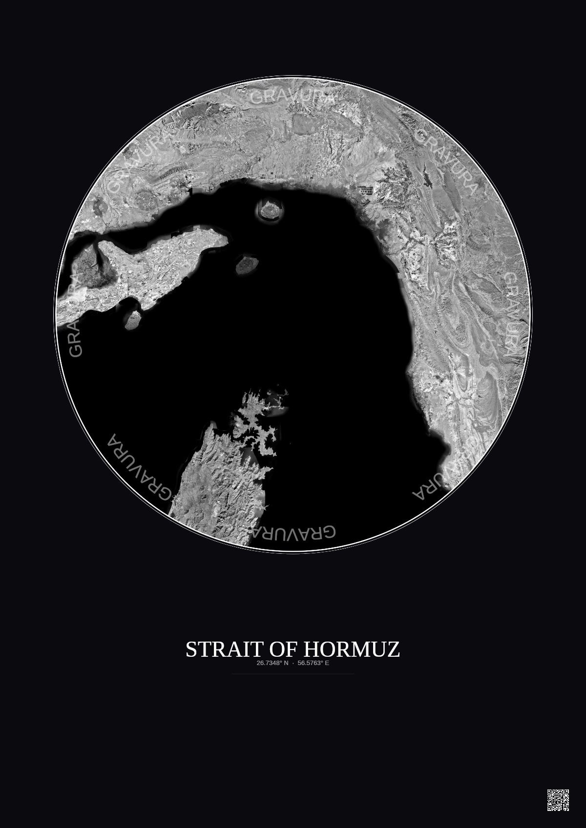 Affiche Strait Of Hormuz – Poster vue satellite 100km N&B | Gravura – Fond foncé
