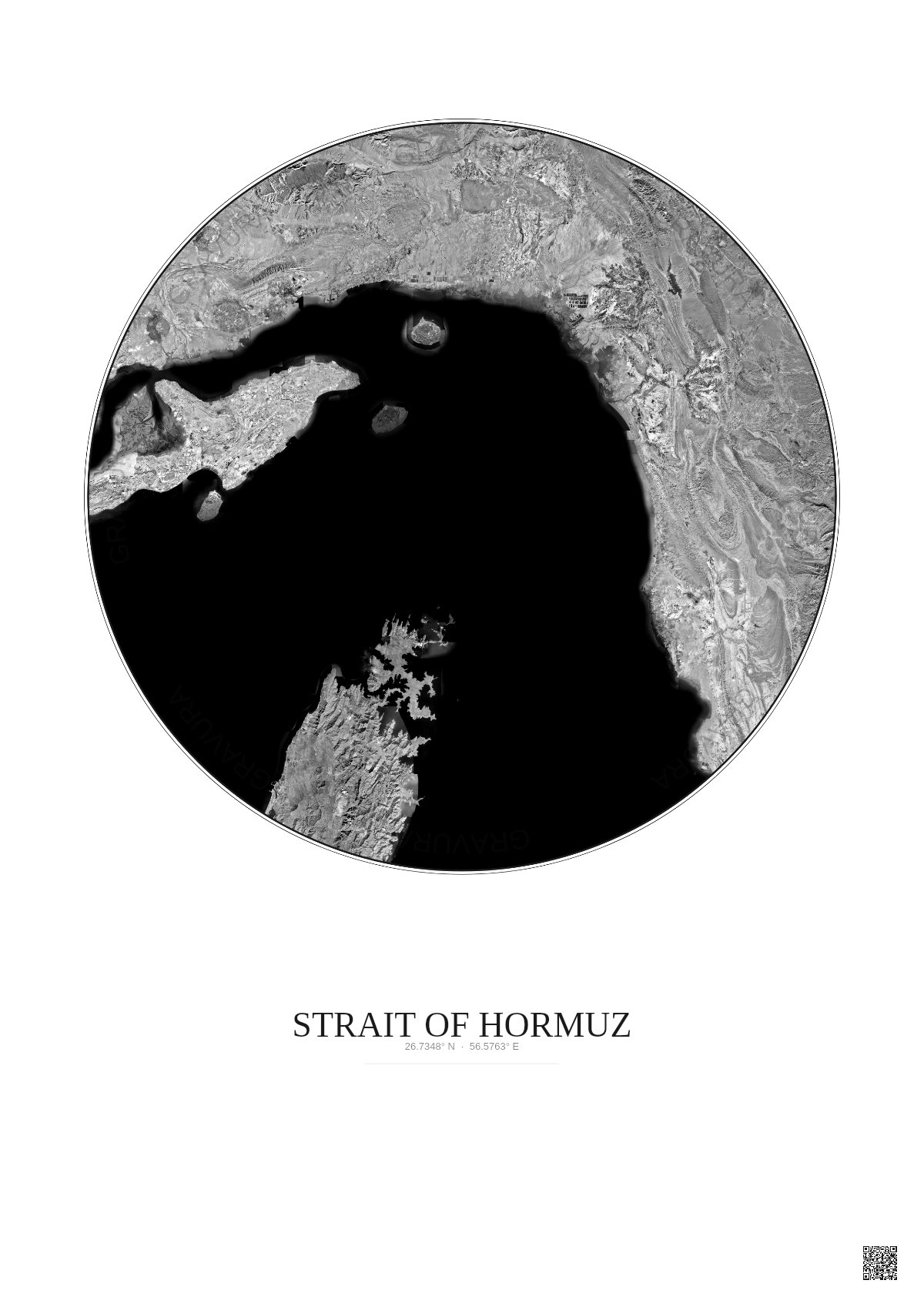 Affiche Strait Of Hormuz – Poster vue satellite 100km N&B | Gravura – Fond clair