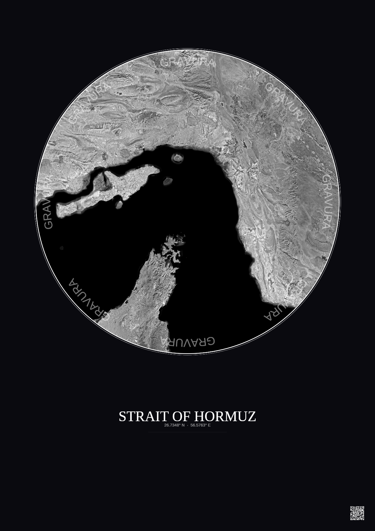 Affiche Strait Of Hormuz – Poster vue satellite 150km N&B | Gravura – Fond foncé