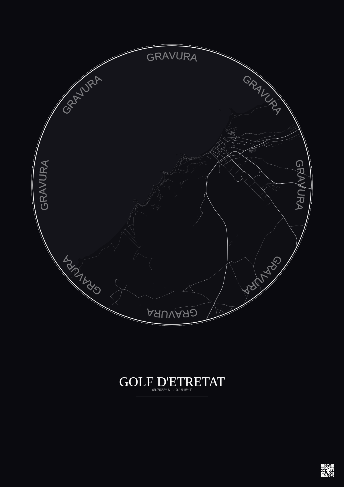 Affiche Golf D Etretat – Poster carte de ville 2.5km | Gravura – Fond foncé