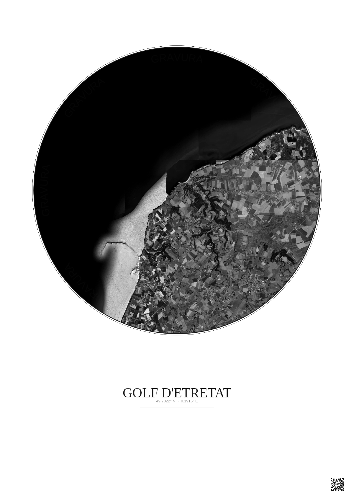 Affiche Golf D Etretat – Poster vue satellite 10km N&B | Gravura – Fond clair