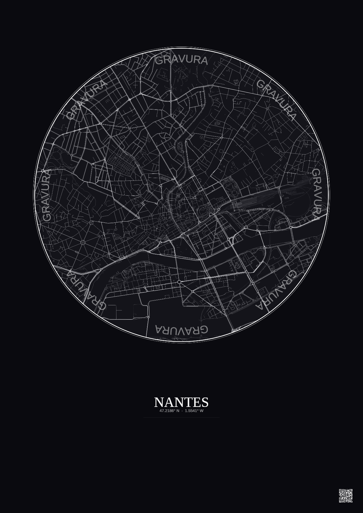 Affiche Nantes – Poster carte de ville 2.5km | Gravura – Fond foncé