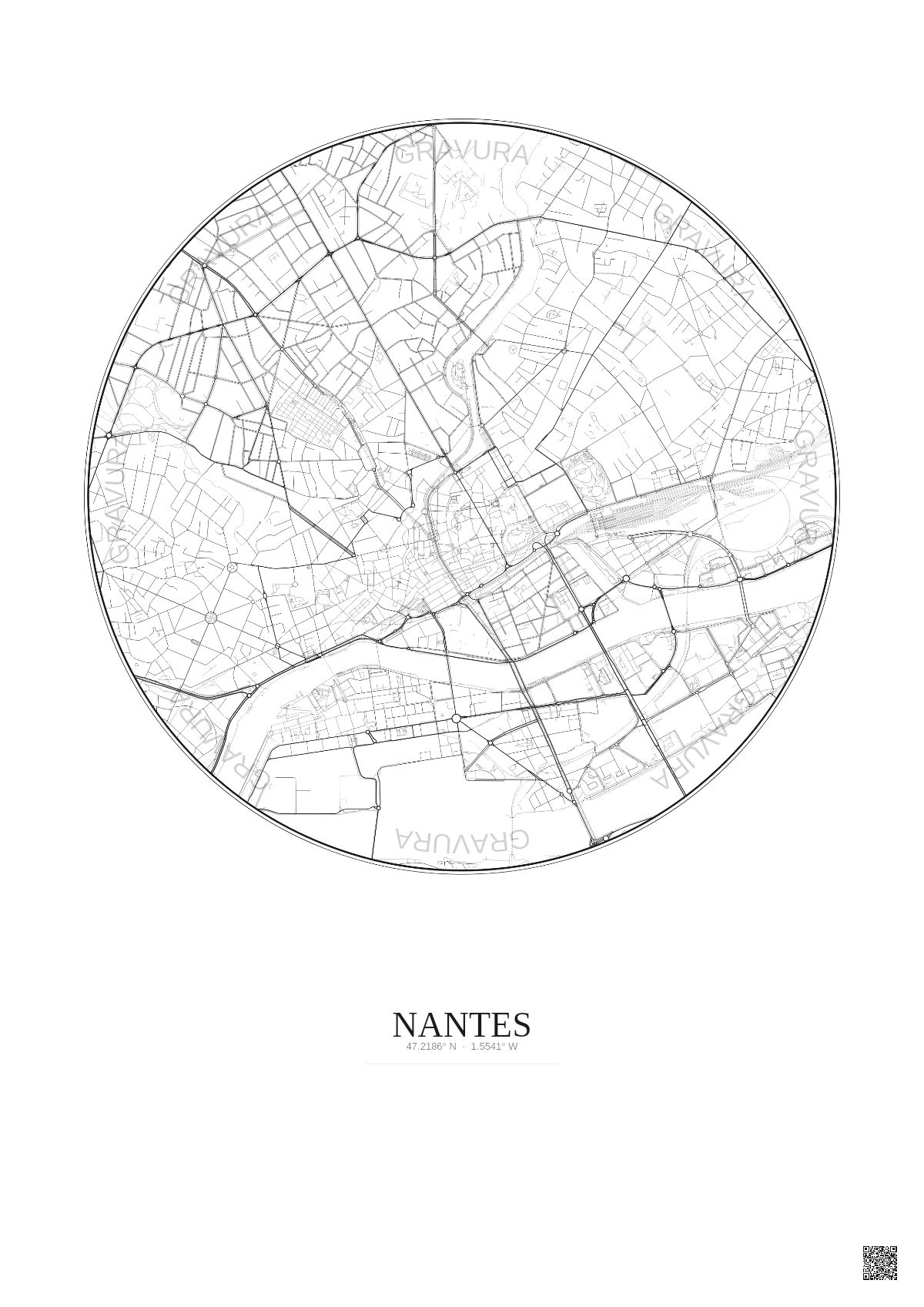 Affiche Nantes – Poster carte de ville 2.5km | Gravura – Fond clair