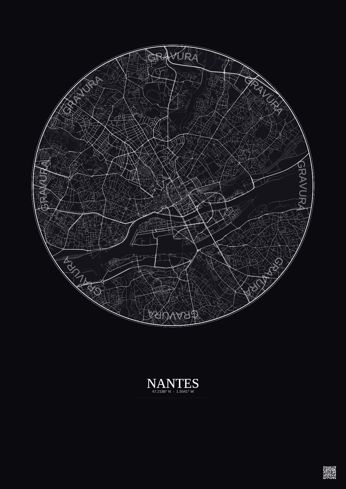 Affiche Nantes – Poster carte de ville 5km | Gravura – Fond foncé