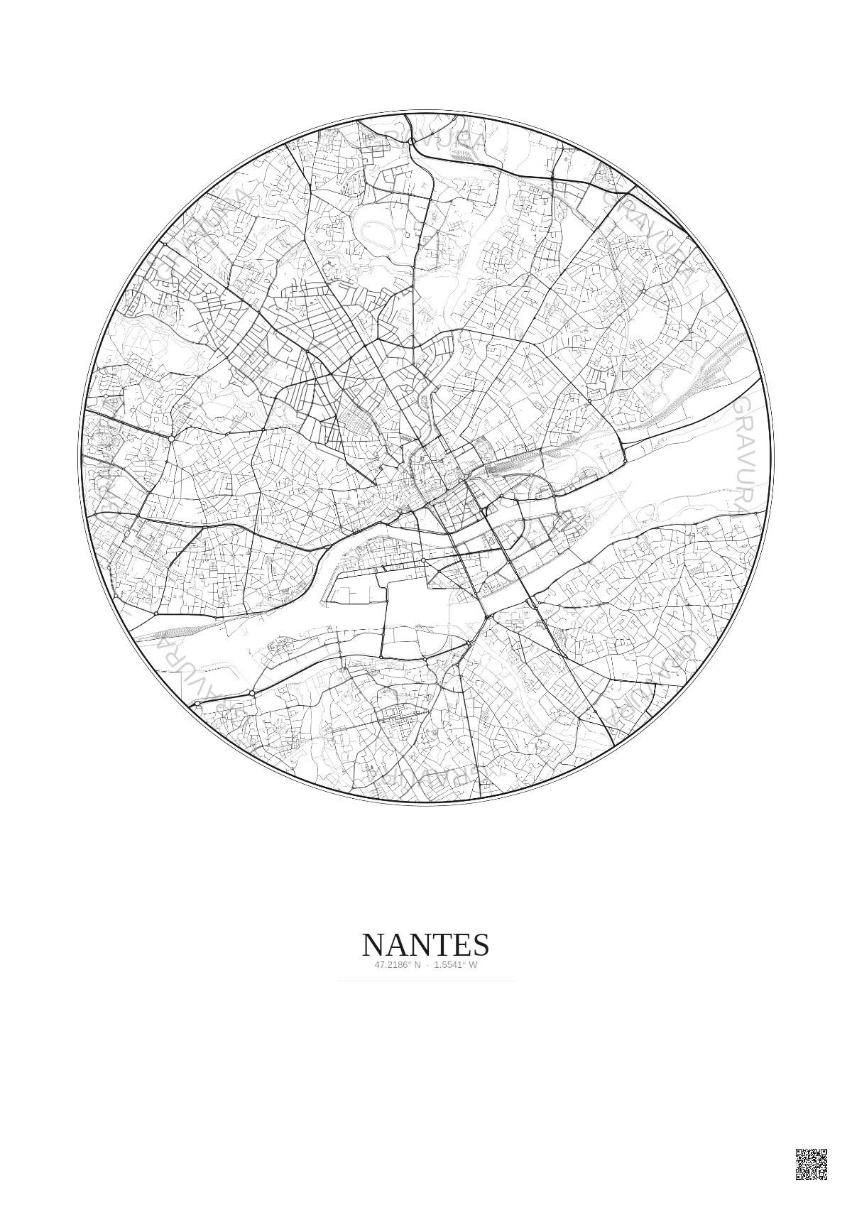 Affiche Nantes – Poster carte de ville 5km | Gravura – Fond clair
