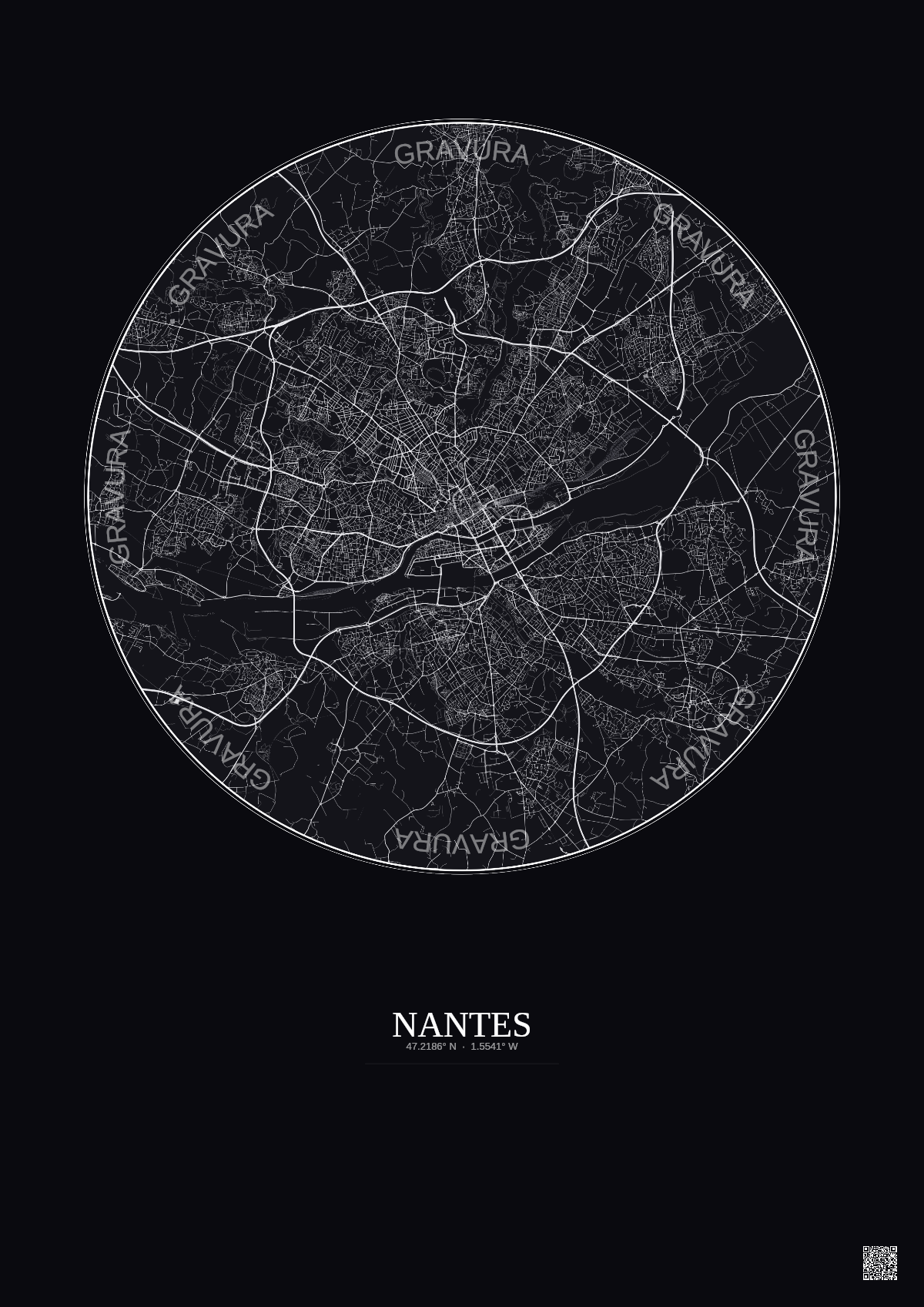 Affiche Nantes – Poster carte de ville 10km | Gravura – Fond foncé