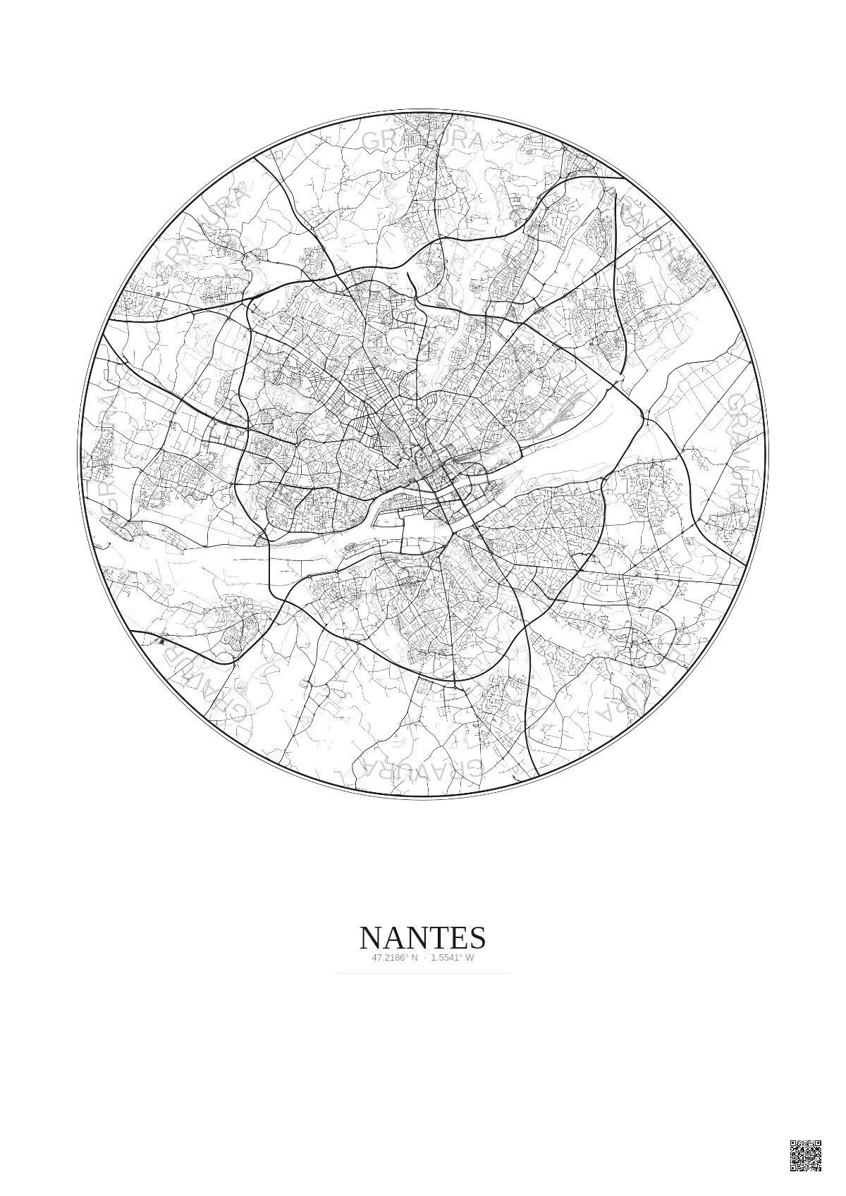 Affiche Nantes – Poster carte de ville 10km | Gravura – Fond clair