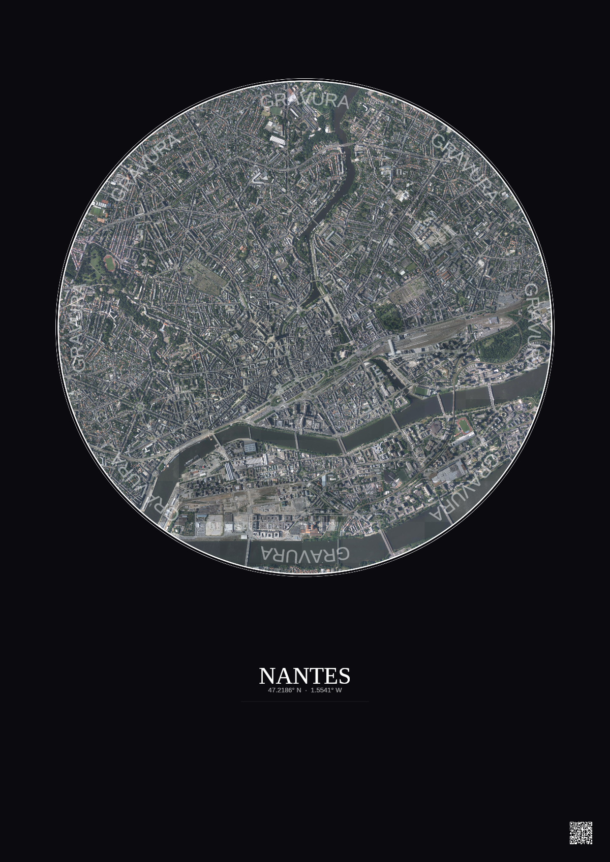 Affiche Nantes – Poster vue satellite 2.5km Couleur | Gravura – Fond foncé