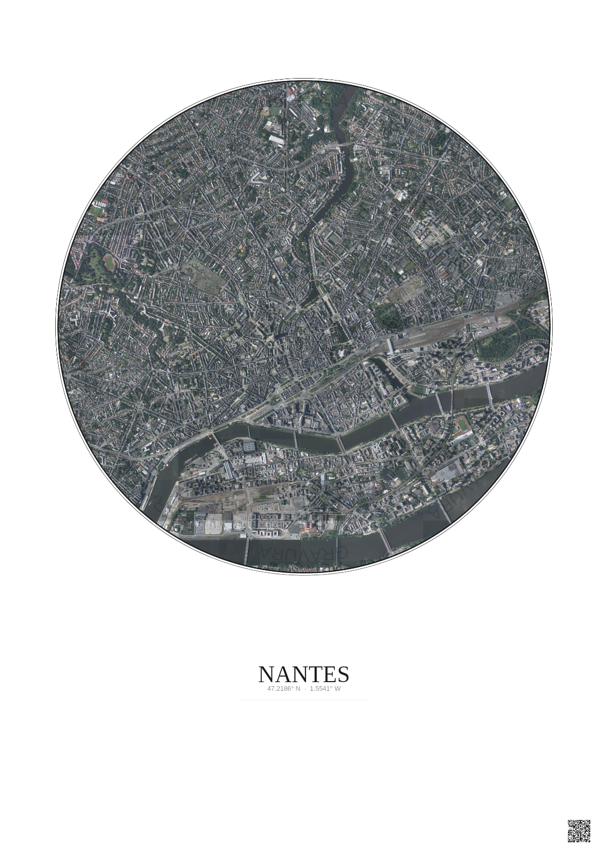 Affiche Nantes – Poster vue satellite 2.5km Couleur | Gravura – Fond clair