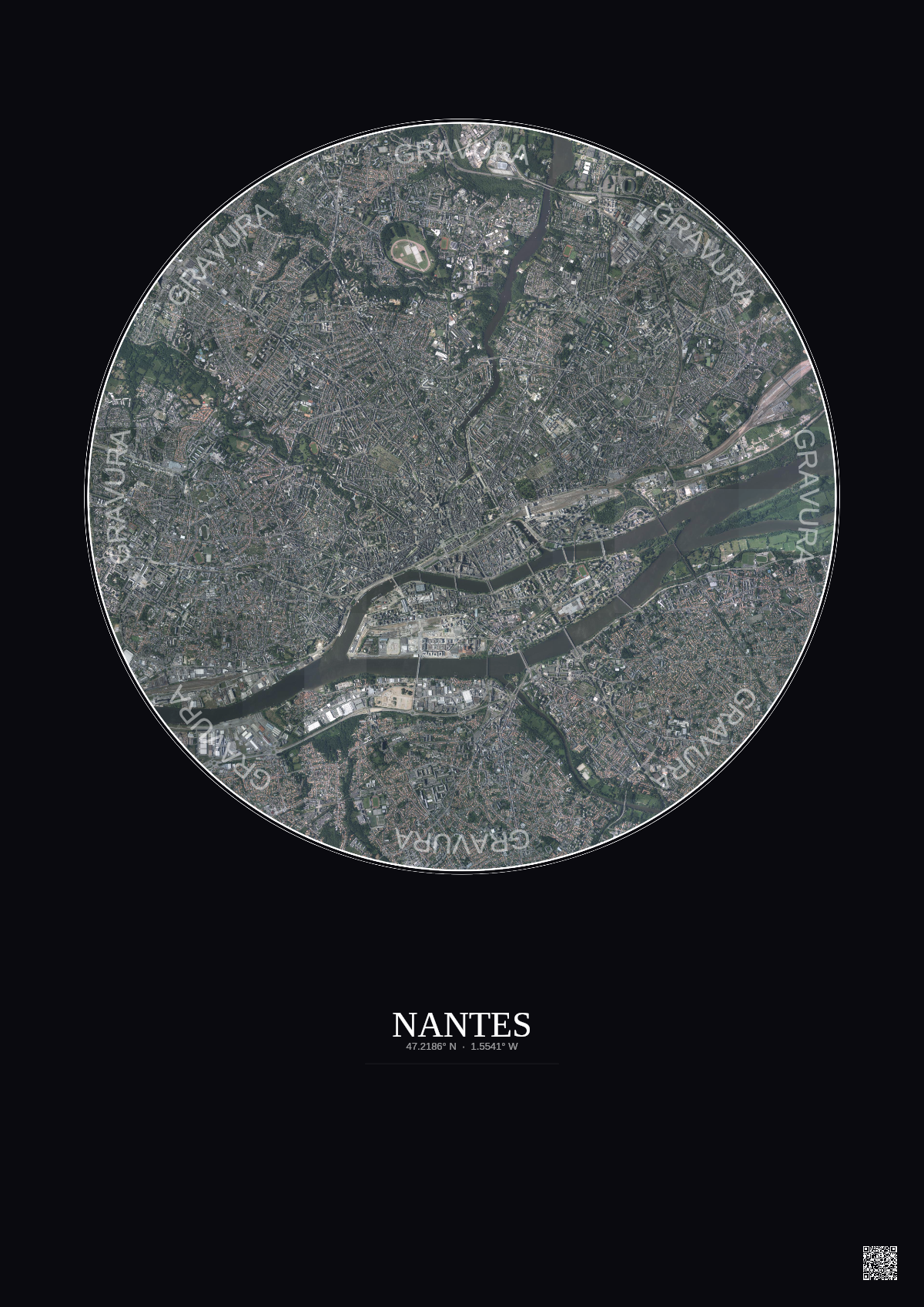 Affiche Nantes – Poster vue satellite 5km Couleur | Gravura – Fond foncé